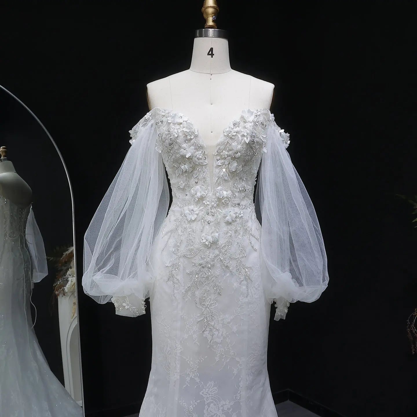 White  Off‑The‑Shoulder Puff Sleeve 3D Floral Mermaid Wedding Dress ZP005
