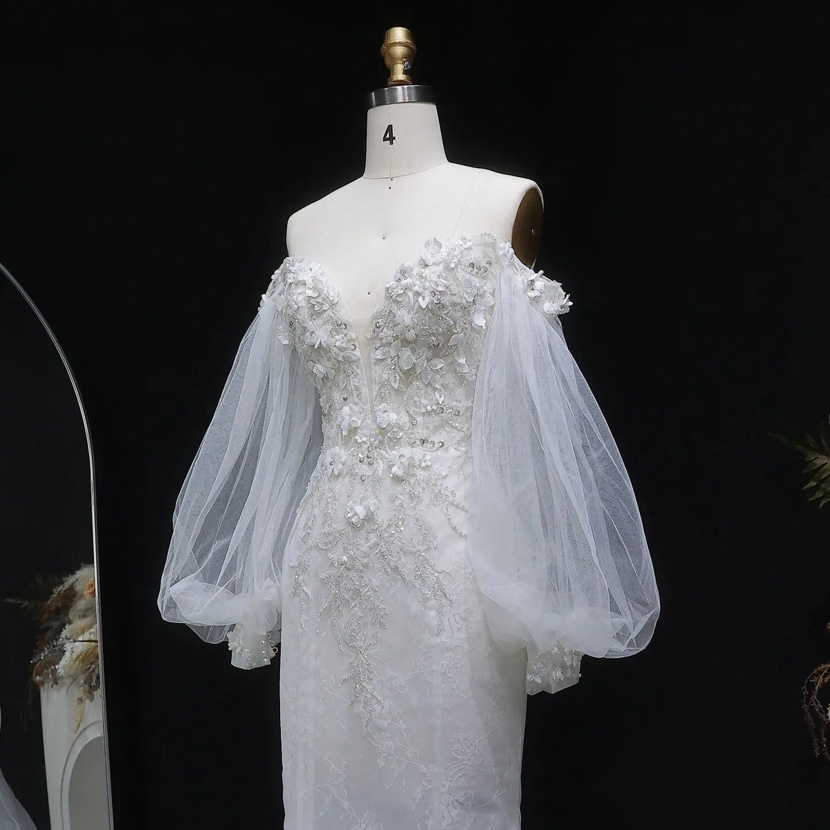 White  Off‑The‑Shoulder Puff Sleeve 3D Floral Mermaid Wedding Dress ZP005