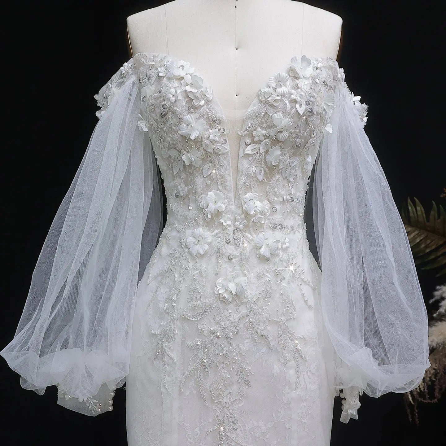 White  Off‑The‑Shoulder Puff Sleeve 3D Floral Mermaid Wedding Dress ZP005