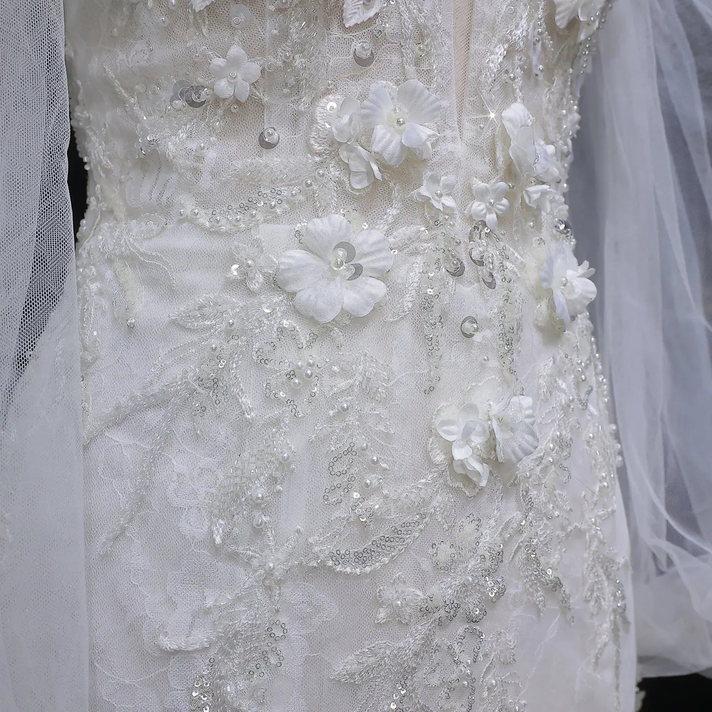 White  Off‑The‑Shoulder Puff Sleeve 3D Floral Mermaid Wedding Dress ZP005