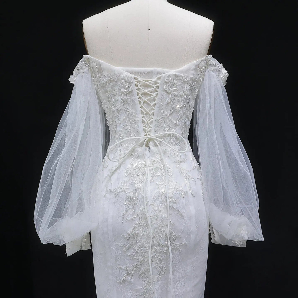 White  Off‑The‑Shoulder Puff Sleeve 3D Floral Mermaid Wedding Dress ZP005