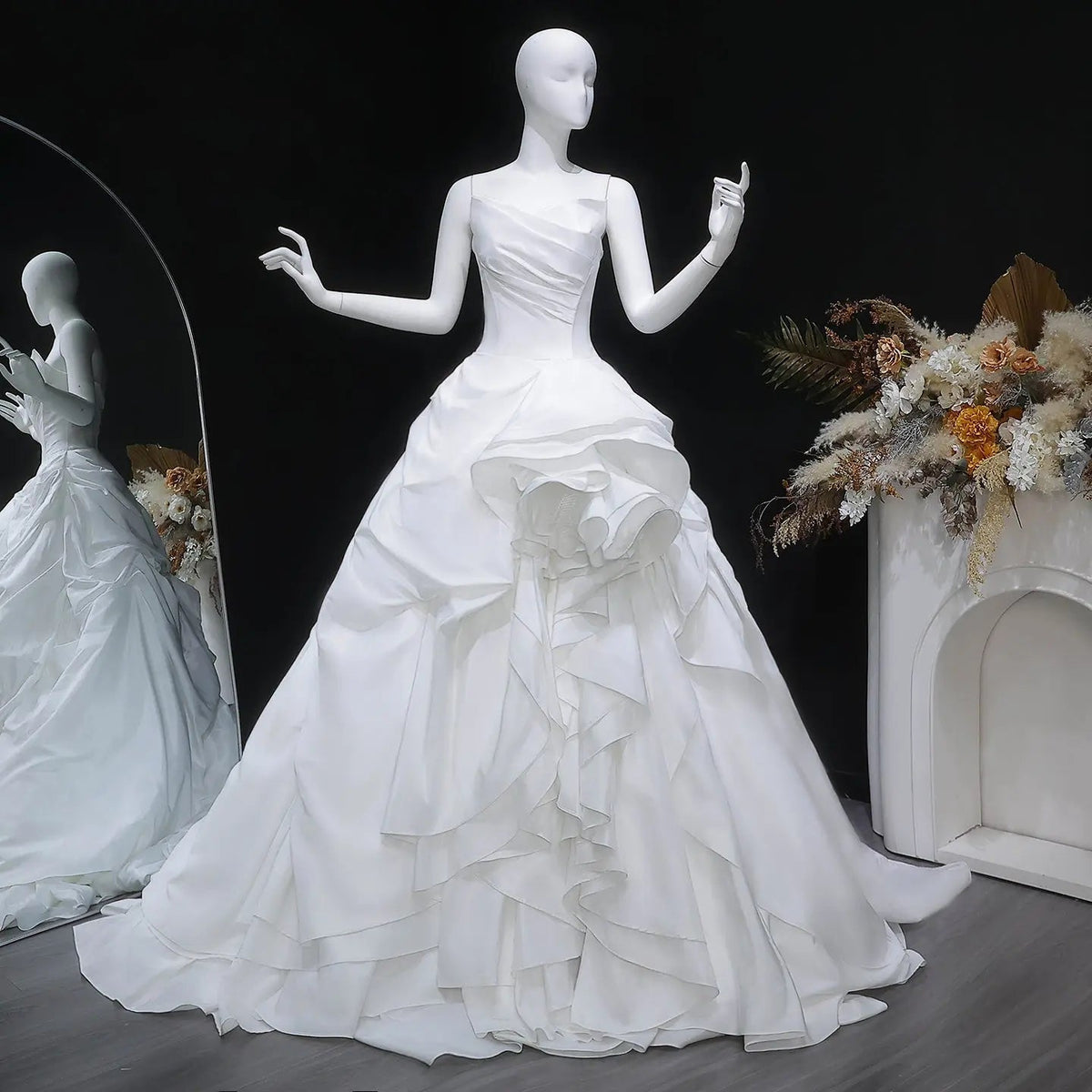 White Ruched Bodice Tiered Voluminous Satin Bridal Gown ZP210