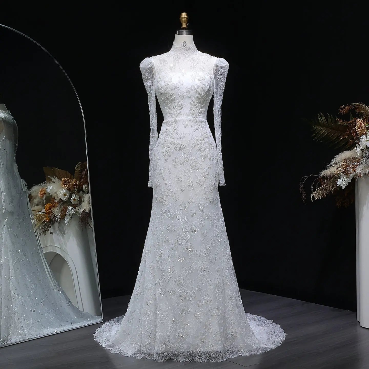 Elegant Printed Crystal Sheer Lace Mermaid Wedding Dress ZP169