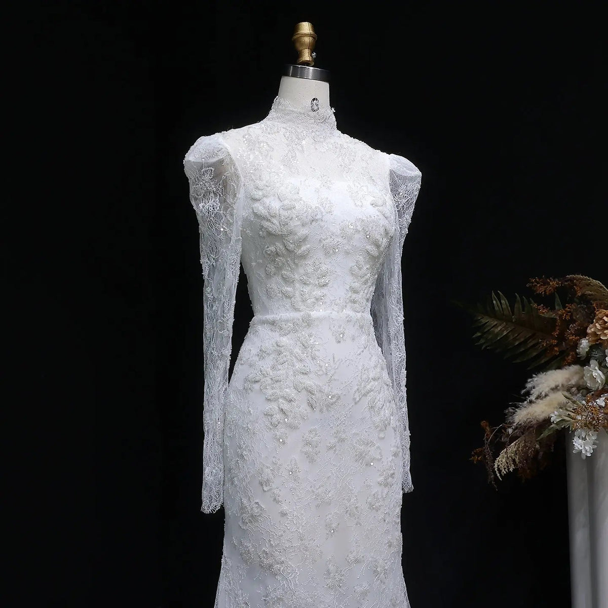 Elegant Printed Crystal Sheer Lace Mermaid Wedding Dress ZP169
