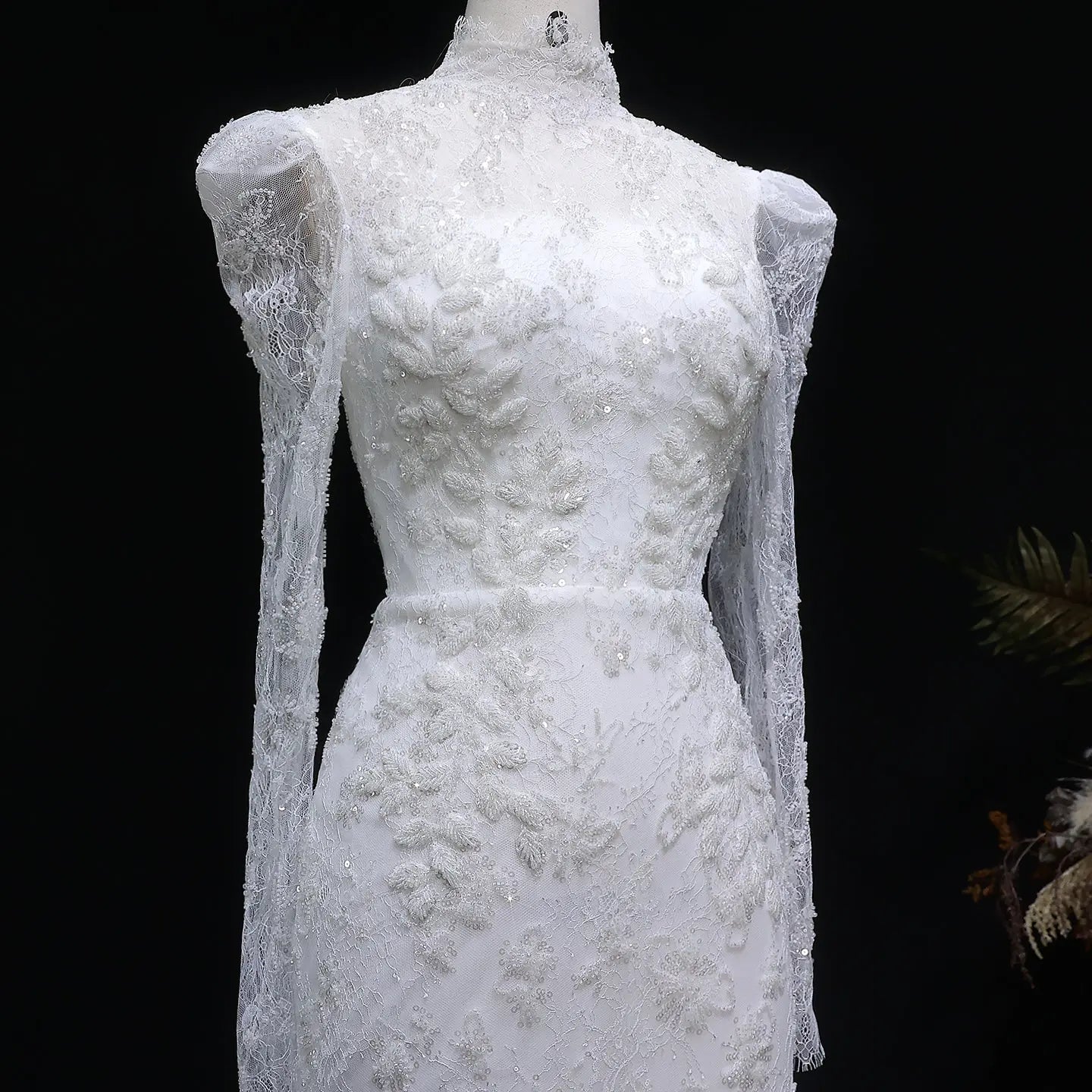 Elegant Printed Crystal Sheer Lace Mermaid Wedding Dress ZP169