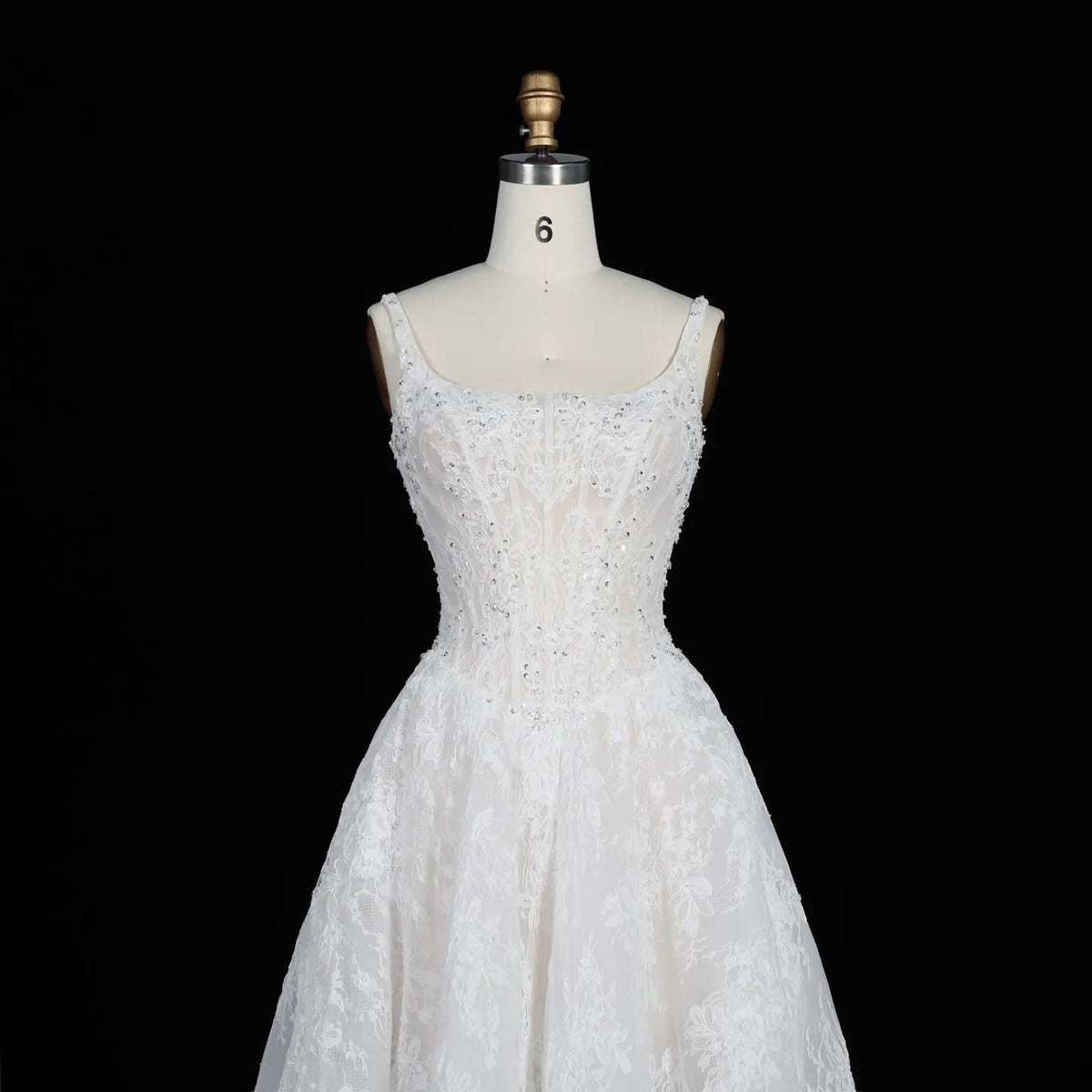 White Lace Spaghetti Strap Bridal Gown Square Neck Beaded Corset Ball Gown ZP012