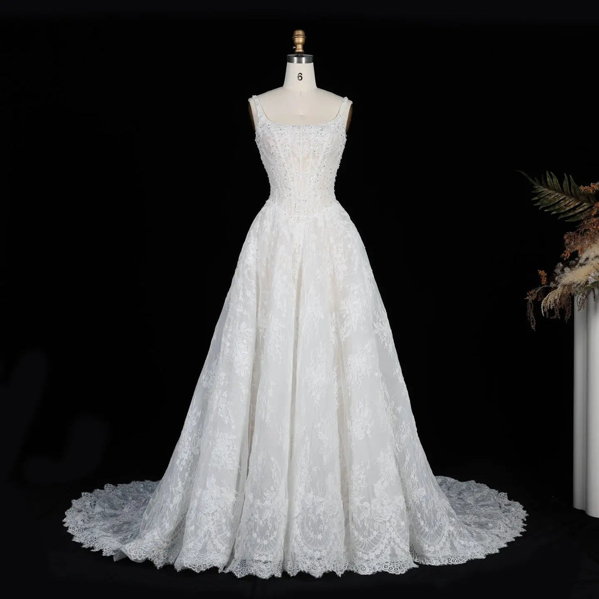 White Lace Spaghetti Strap Bridal Gown Square Neck Beaded Corset Ball Gown ZP012