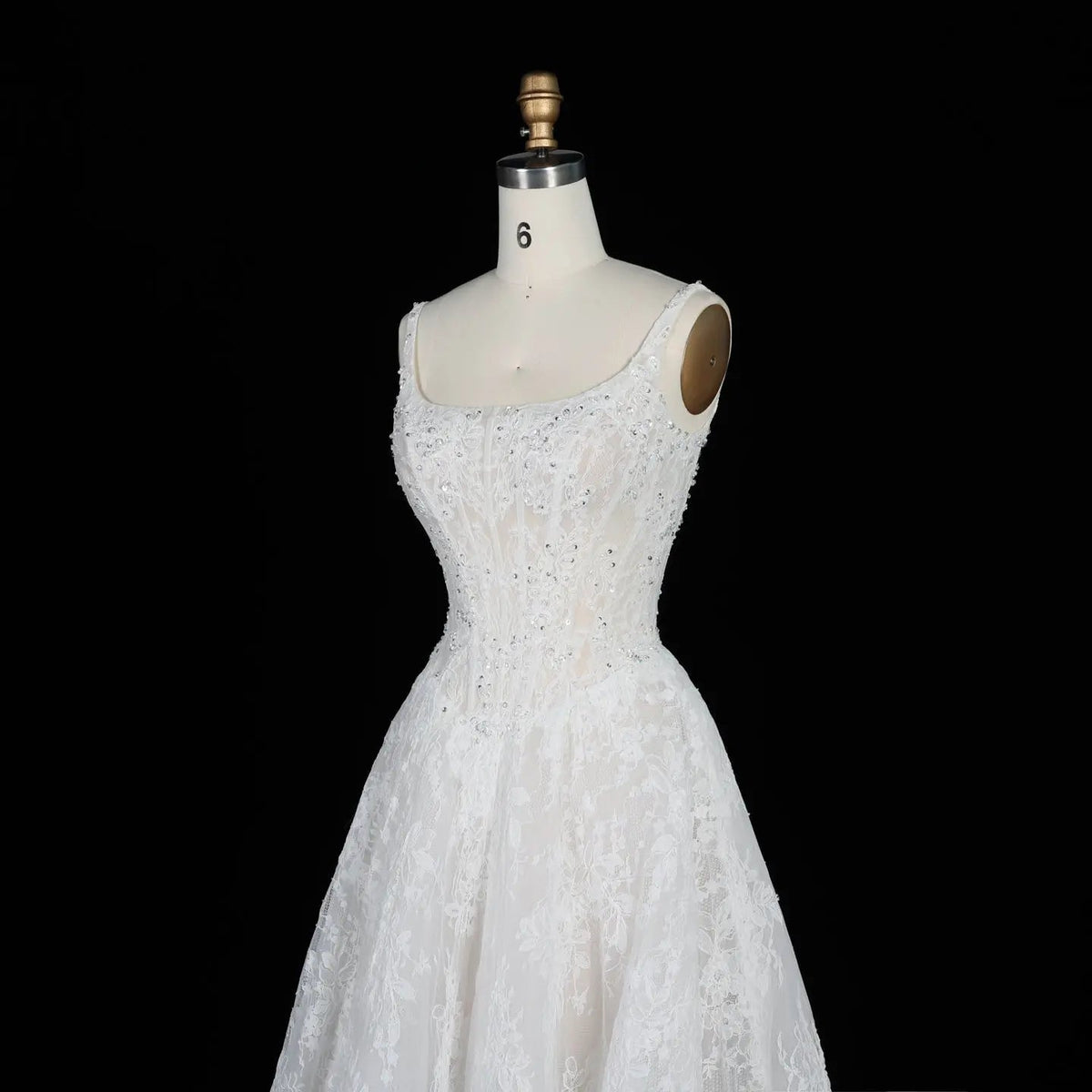 White Lace Spaghetti Strap Bridal Gown Square Neck Beaded Corset Ball Gown ZP012