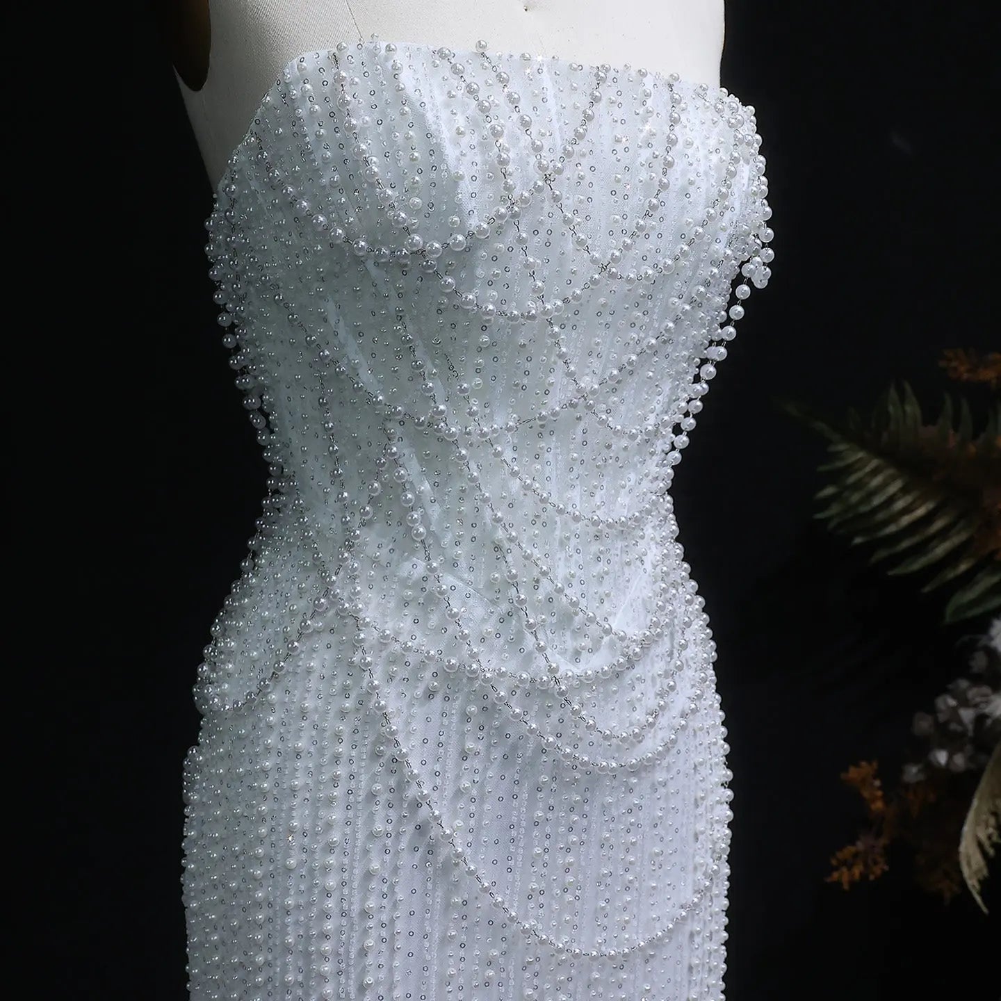 Luxury White Sequin Pearl Strapless Wedding Dress ZP190