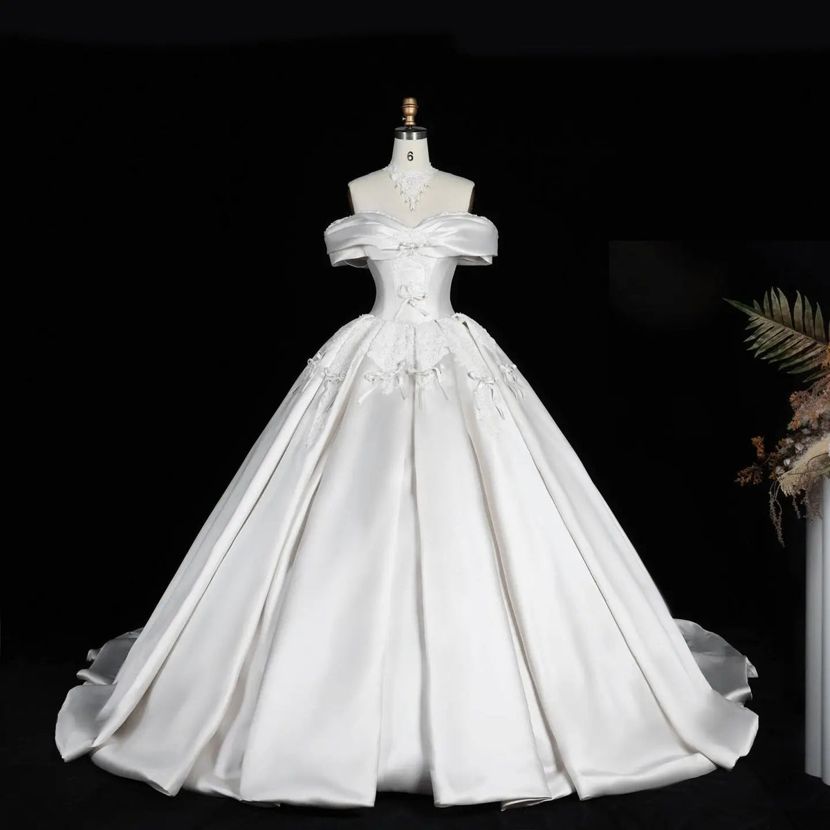 Off the Shoulder White Satin Ball Gown Wedding Dress with Long Cathedral Train ZP017
