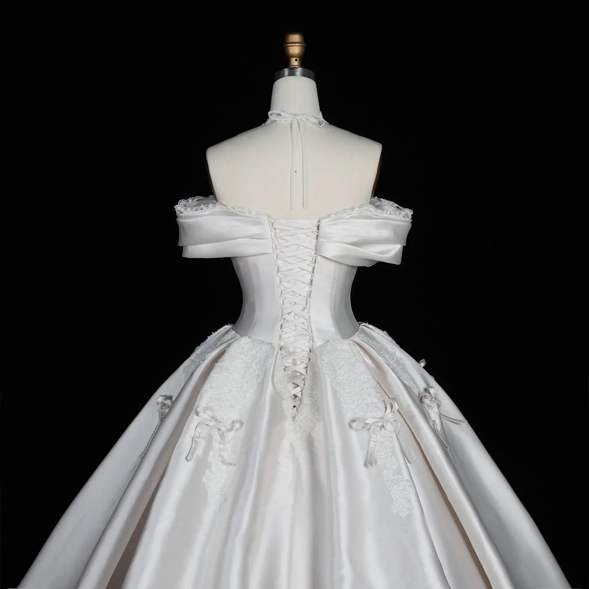 Off the Shoulder White Satin Ball Gown Wedding Dress with Long Cathedral Train ZP017 - View 13 | VelvetHem