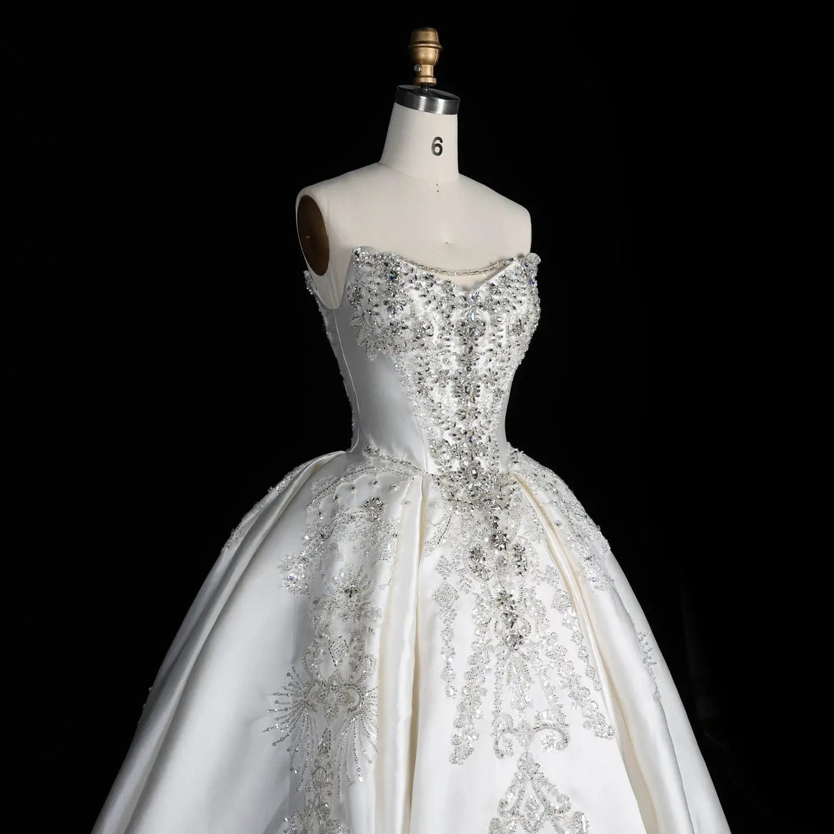 White Satin Strapless Ball Gown Wedding Dress with Luxurious Beaded Lace and Cathedral Train ZP016