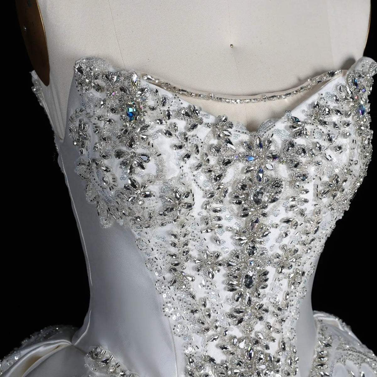 White Satin Strapless Ball Gown Wedding Dress with Luxurious Beaded Lace and Cathedral Train ZP016