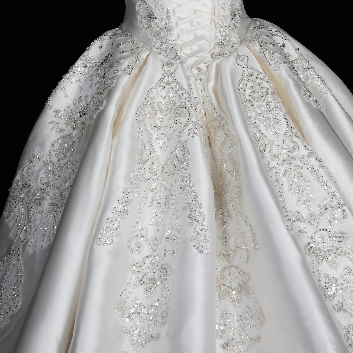 White Satin Strapless Ball Gown Wedding Dress with Luxurious Beaded Lace and Cathedral Train ZP016
