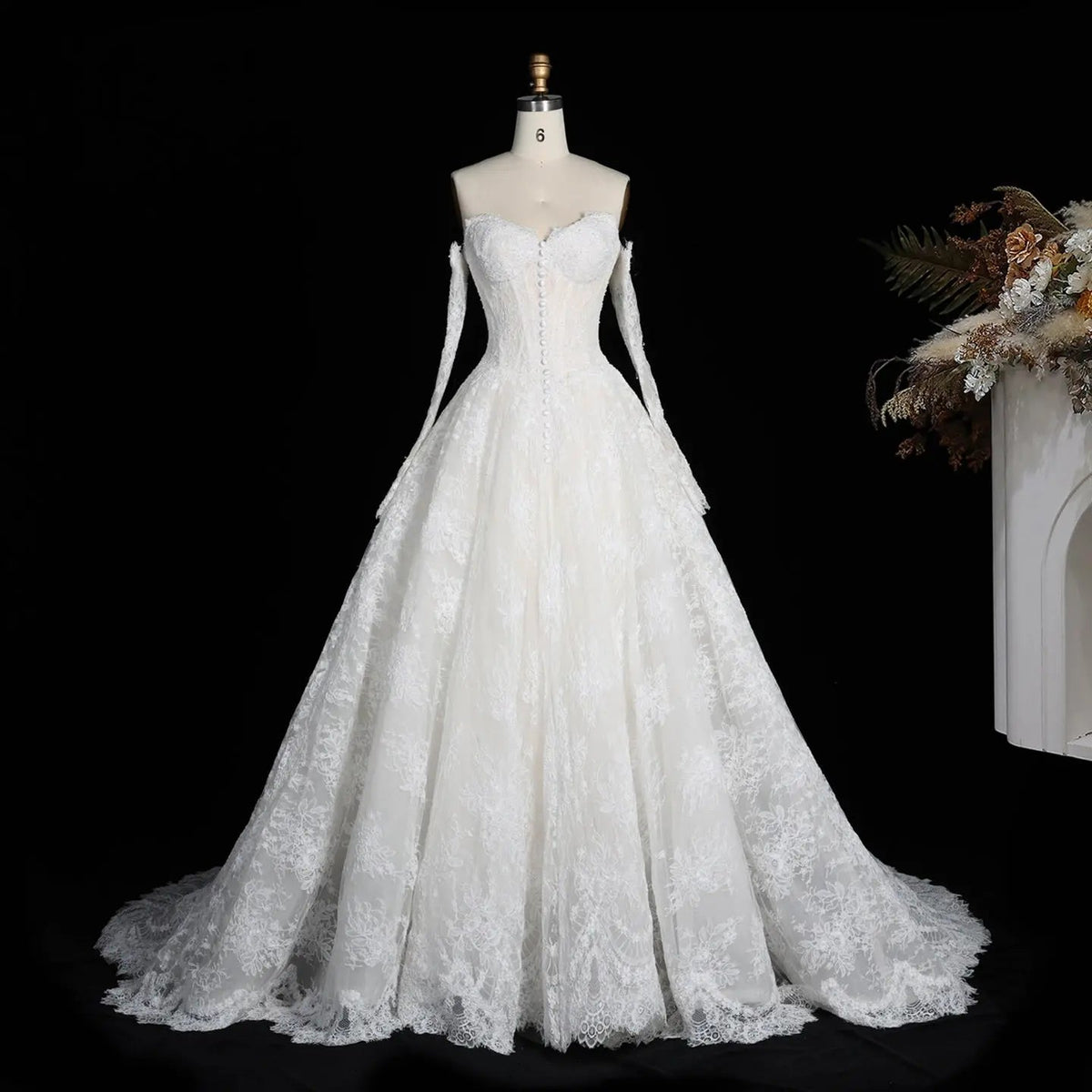 White Floral Lace Ball Gown Wedding Dress with Sweetheart Neckline and Detachable Long Sleeves ZP015 - View 4 | VelvetHem