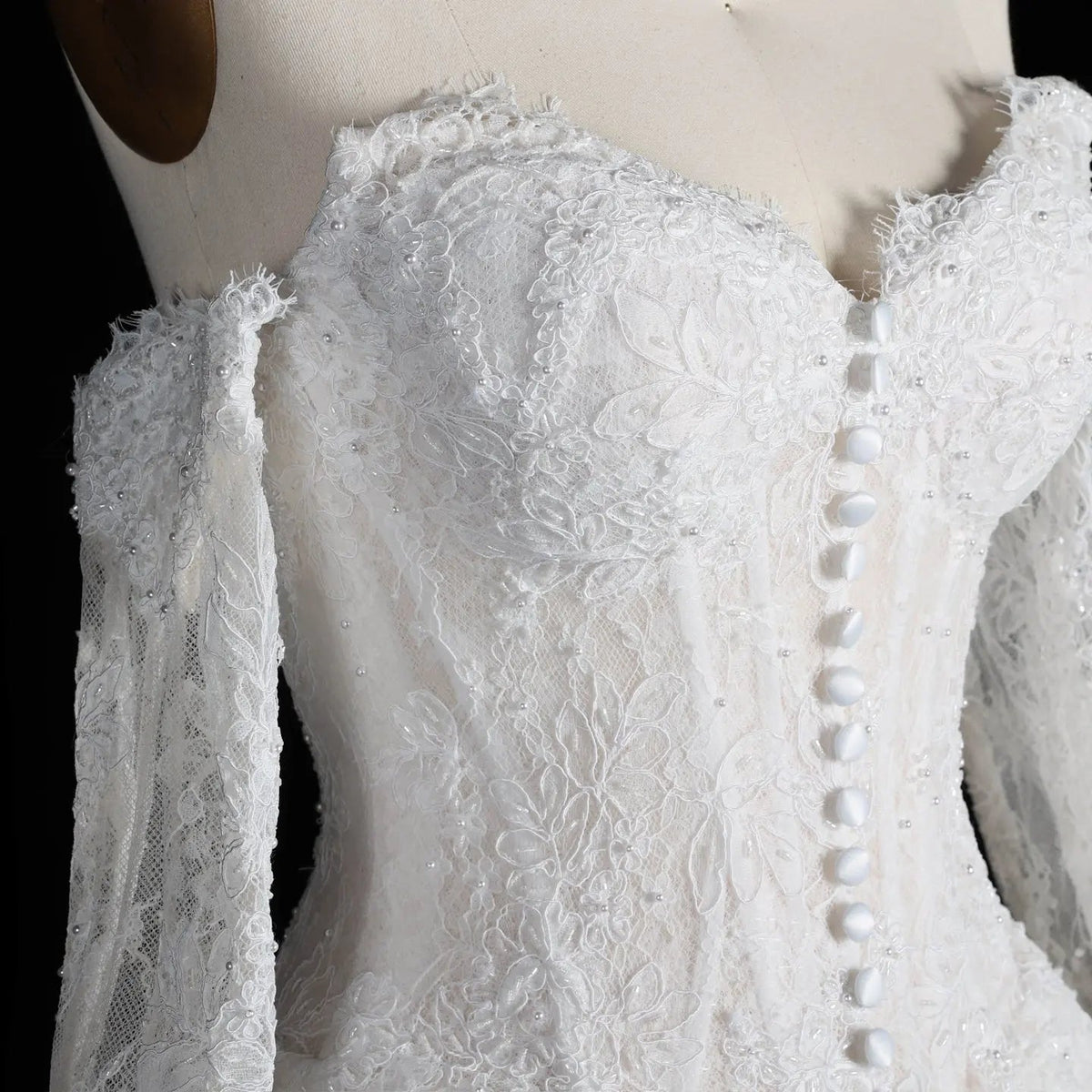 White Floral Lace Ball Gown Wedding Dress with Sweetheart Neckline and Detachable Long Sleeves ZP015