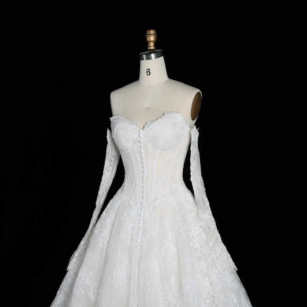 White Floral Lace Ball Gown Wedding Dress with Sweetheart Neckline and Detachable Long Sleeves ZP015