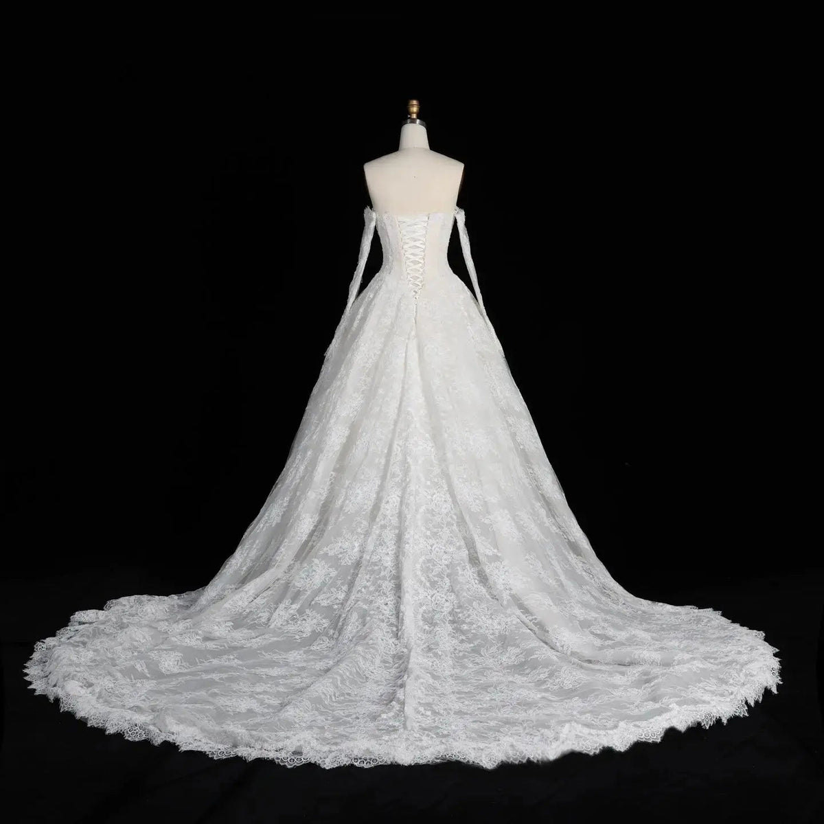 White Floral Lace Ball Gown Wedding Dress with Sweetheart Neckline and Detachable Long Sleeves ZP015