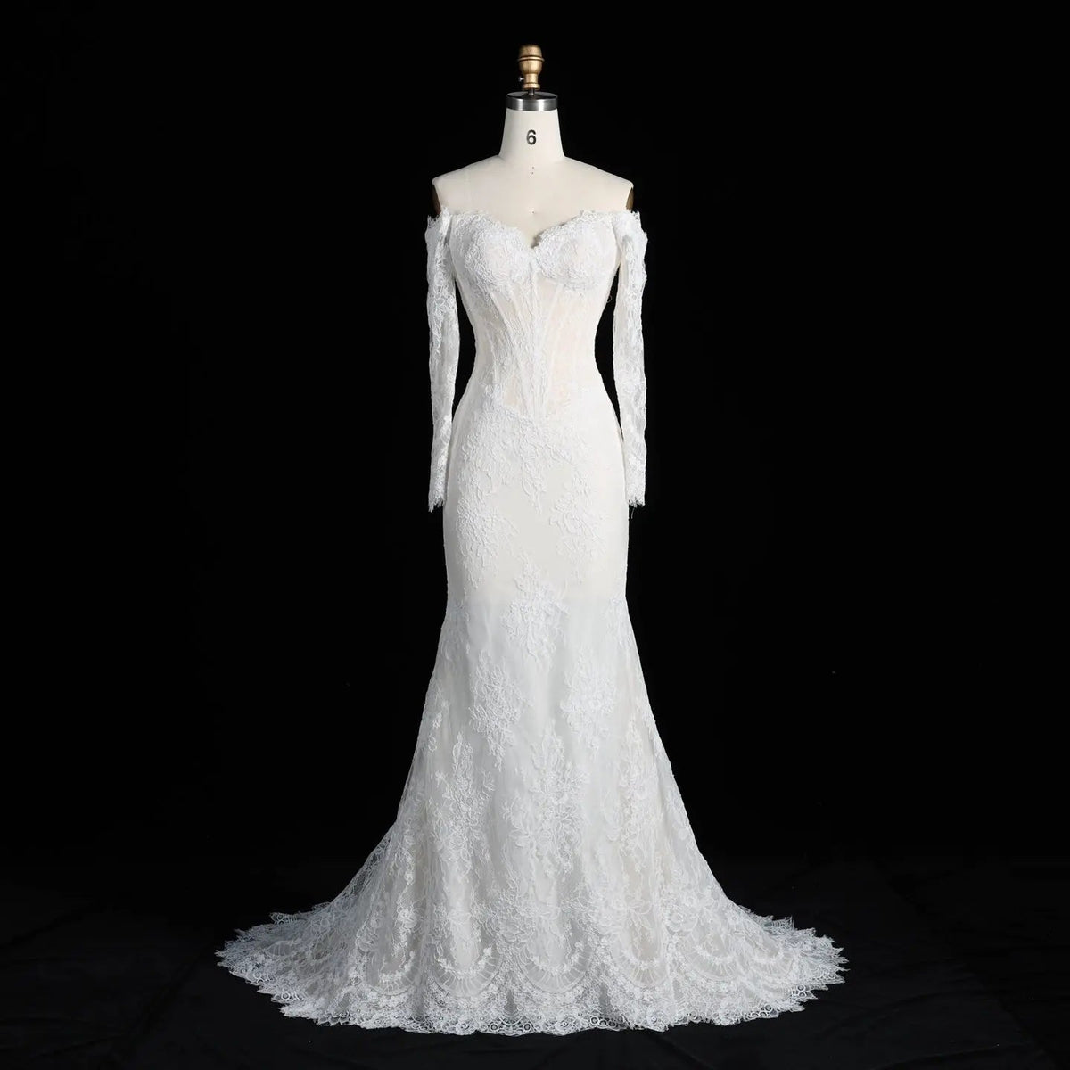 White Lace Mermaid Wedding Dress Off the Shoulder with Detachable Train and Long Sleeves ZP014