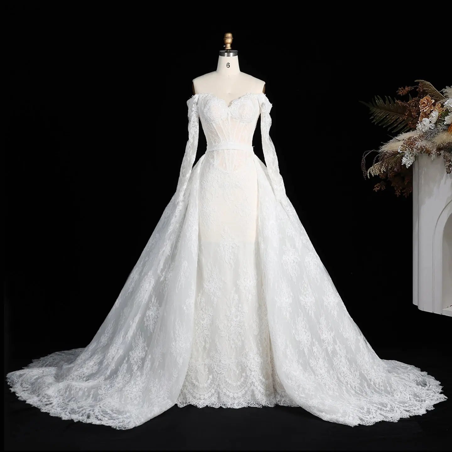 White Lace Mermaid Wedding Dress Off the Shoulder with Detachable Train and Long Sleeves ZP014