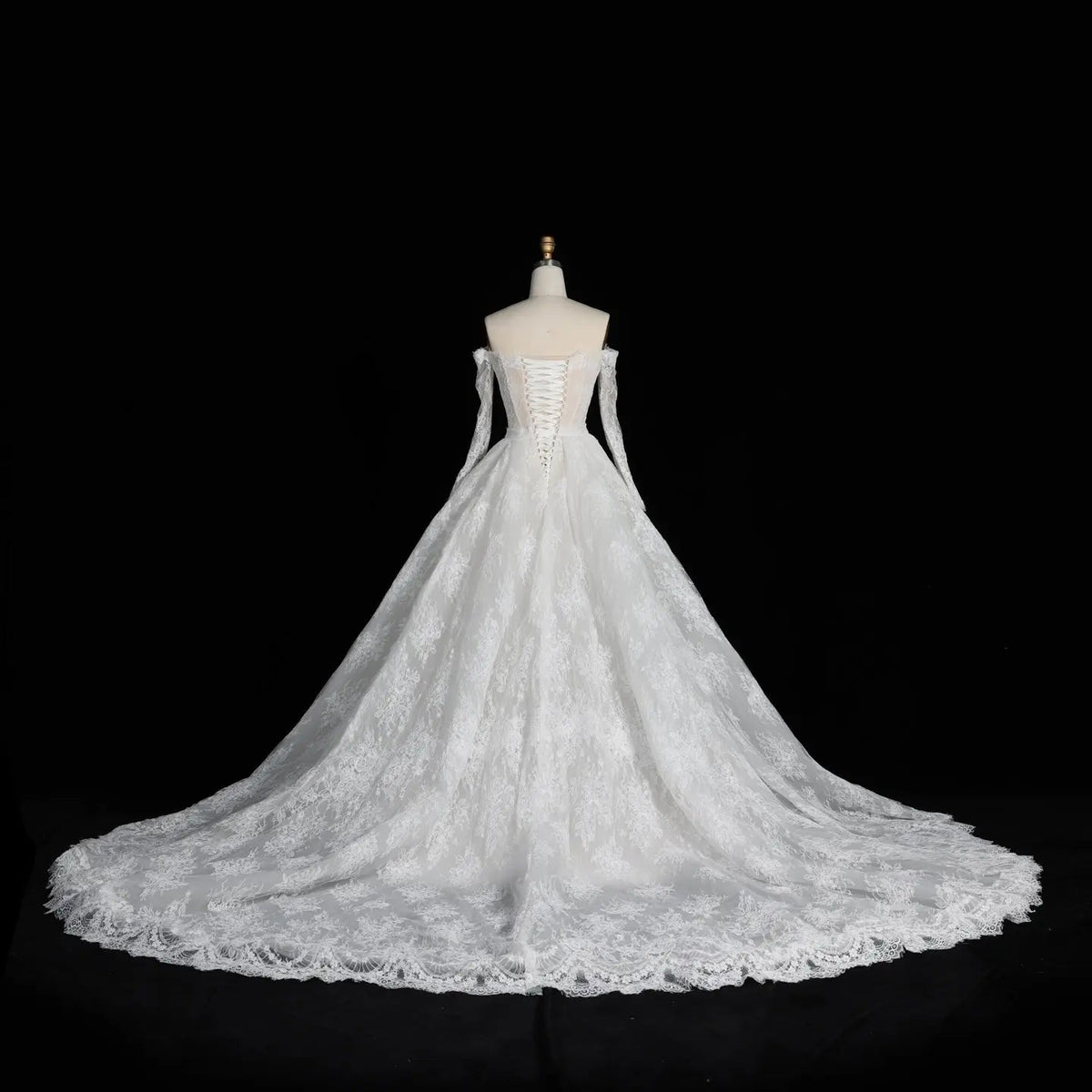 White Lace Mermaid Wedding Dress Off the Shoulder with Detachable Train and Long Sleeves ZP014