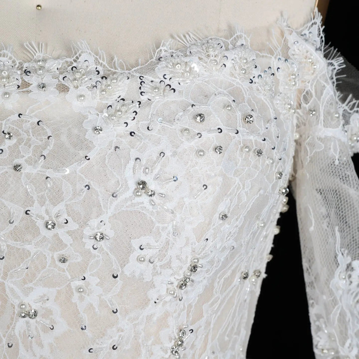 White Lace and Tulle Ball Gown Wedding Dress Off the Shoulder Beaded Bridal Dress ZP013