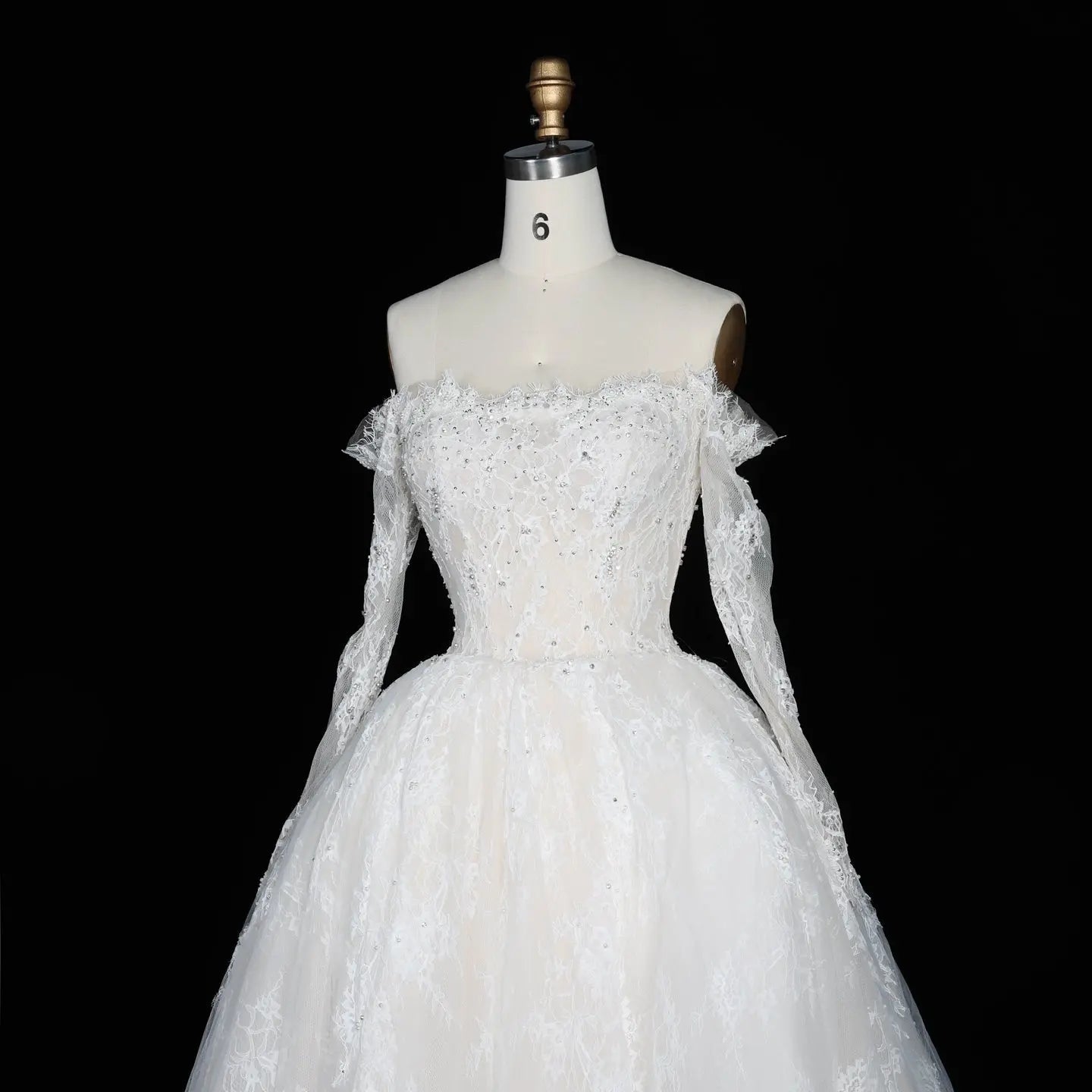 White Lace and Tulle Ball Gown Wedding Dress Off the Shoulder Beaded Bridal Dress ZP013