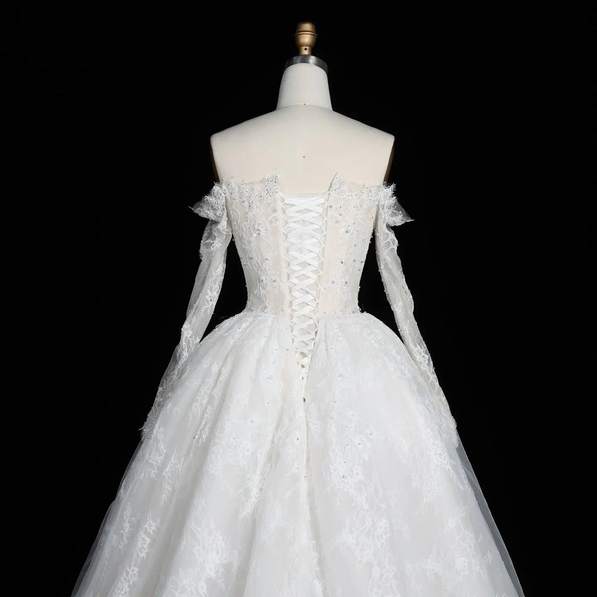 White Lace and Tulle Ball Gown Wedding Dress Off the Shoulder Beaded Bridal Dress ZP013 - View 11 | VelvetHem