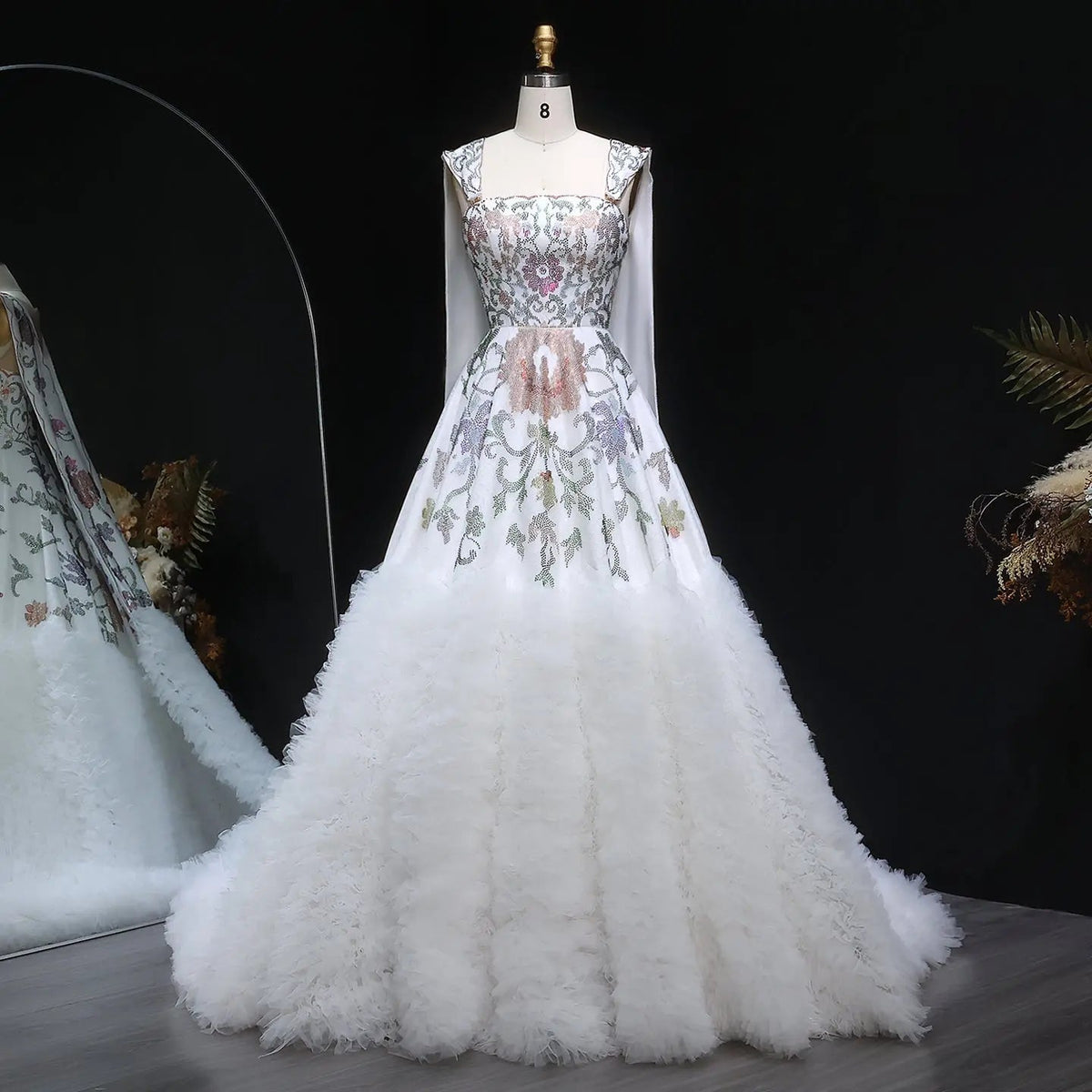 Luxury White Off-Shoulder Diamond Ball Gown Wedding Dress with Cape ZP187