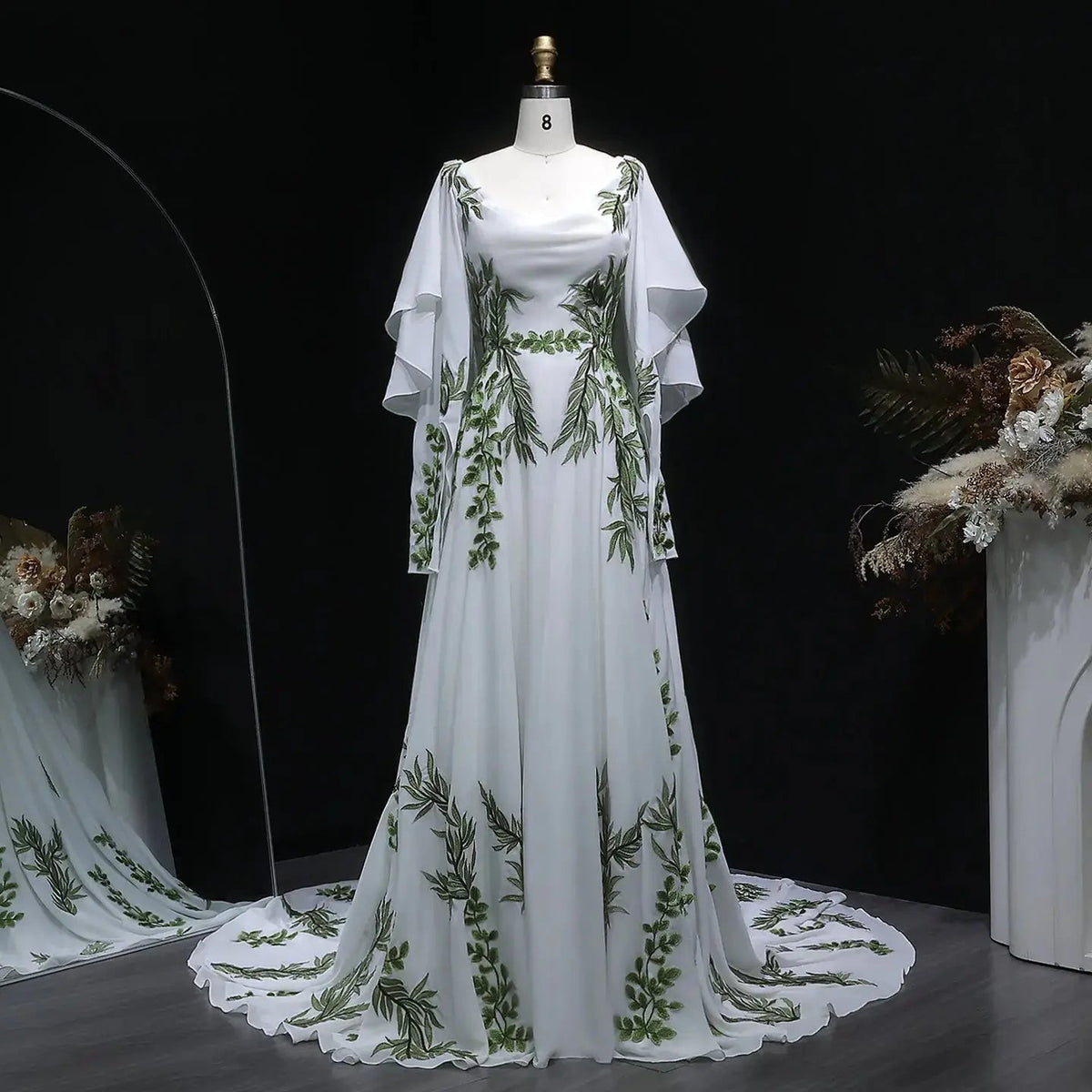 Luxury White & Green Botanical Print Cape Boho Train Wedding Dress ZP160