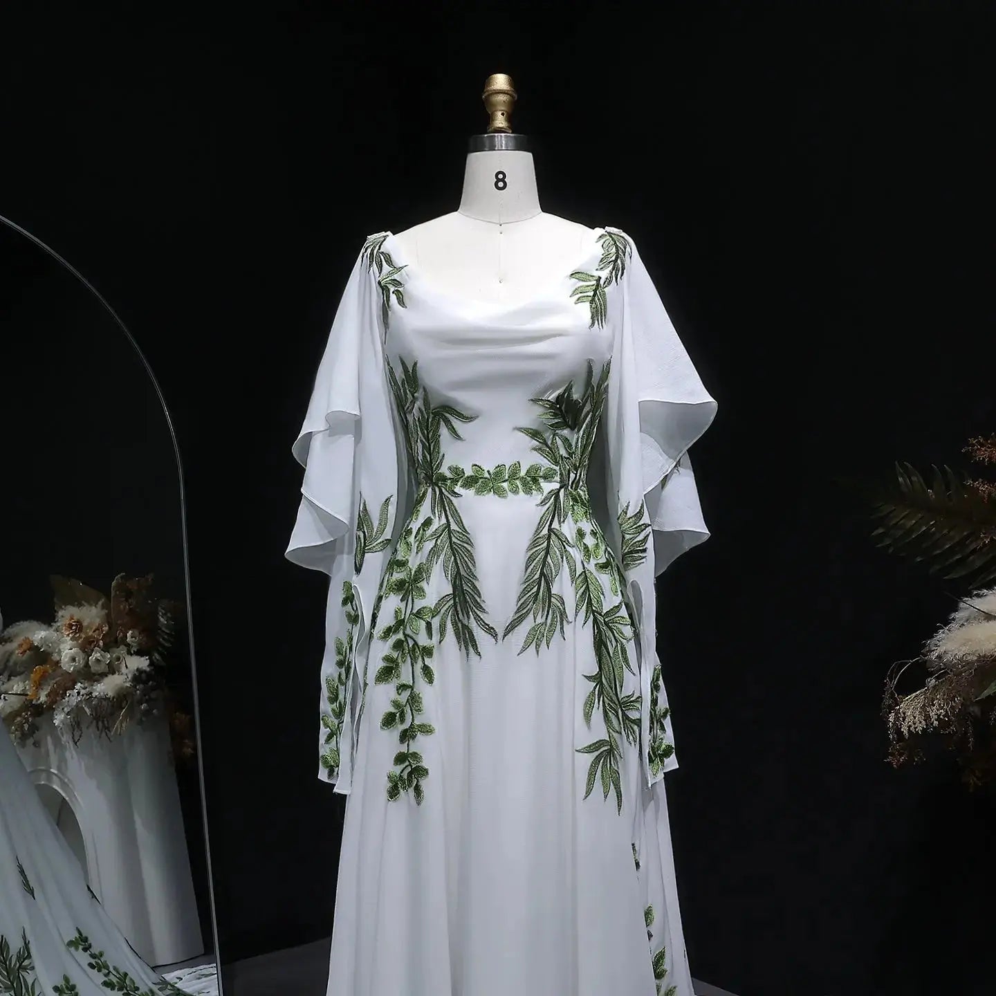 Luxury White & Green Botanical Print Cape Boho Train Wedding Dress ZP160