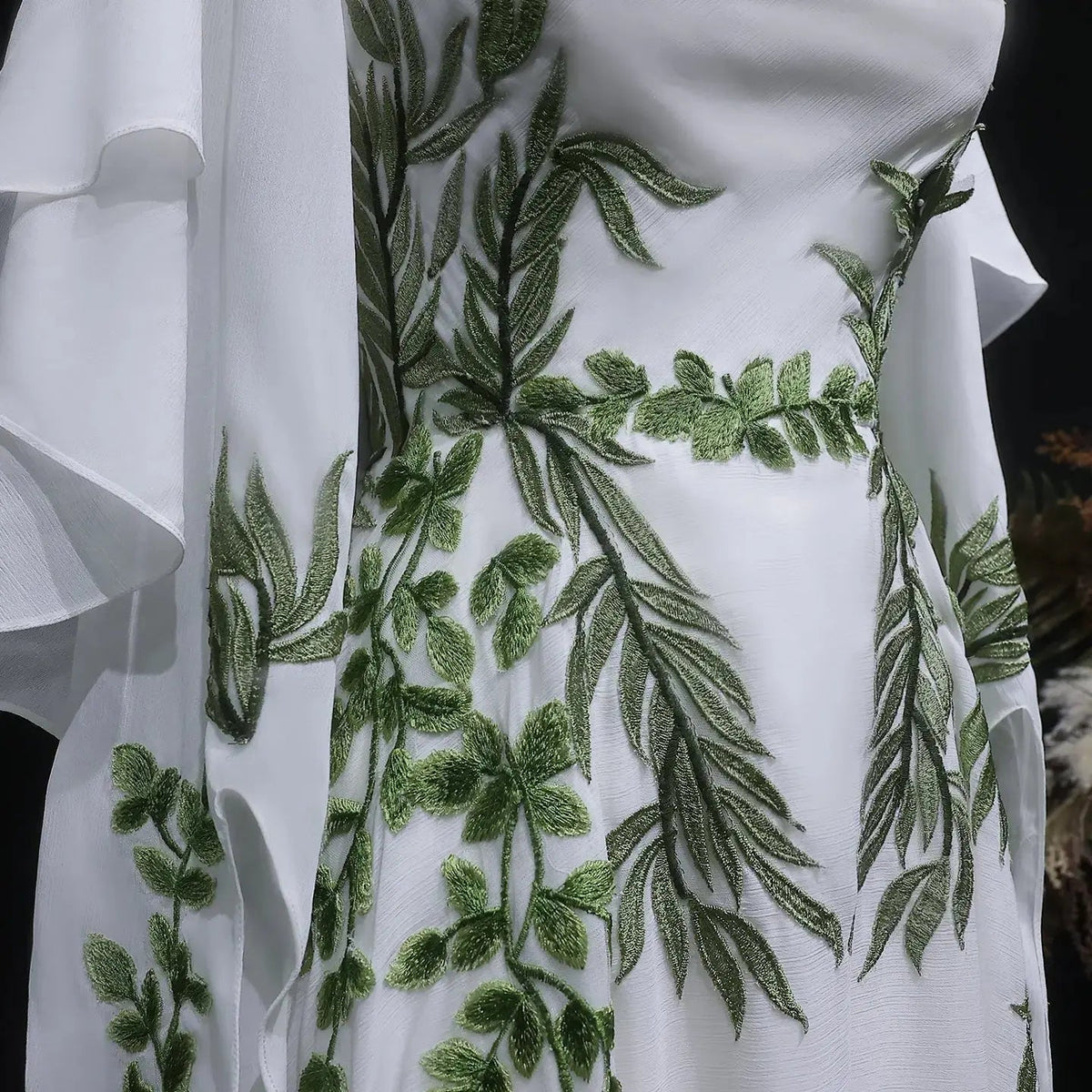 Luxury White & Green Botanical Print Cape Boho Train Wedding Dress ZP160