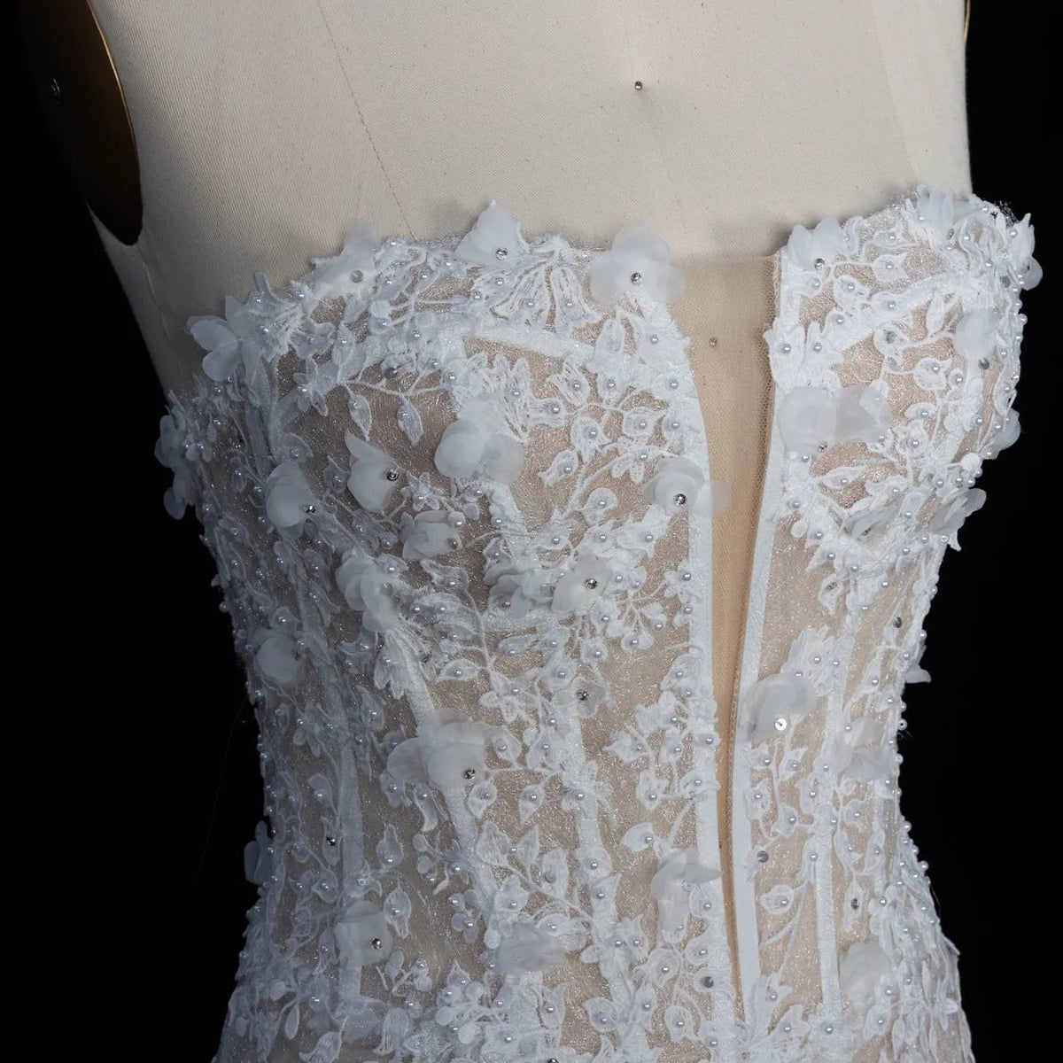 White Nude Lace Fairytale  Mermaid Wedding Dress 3D Floral  Train  ZP037