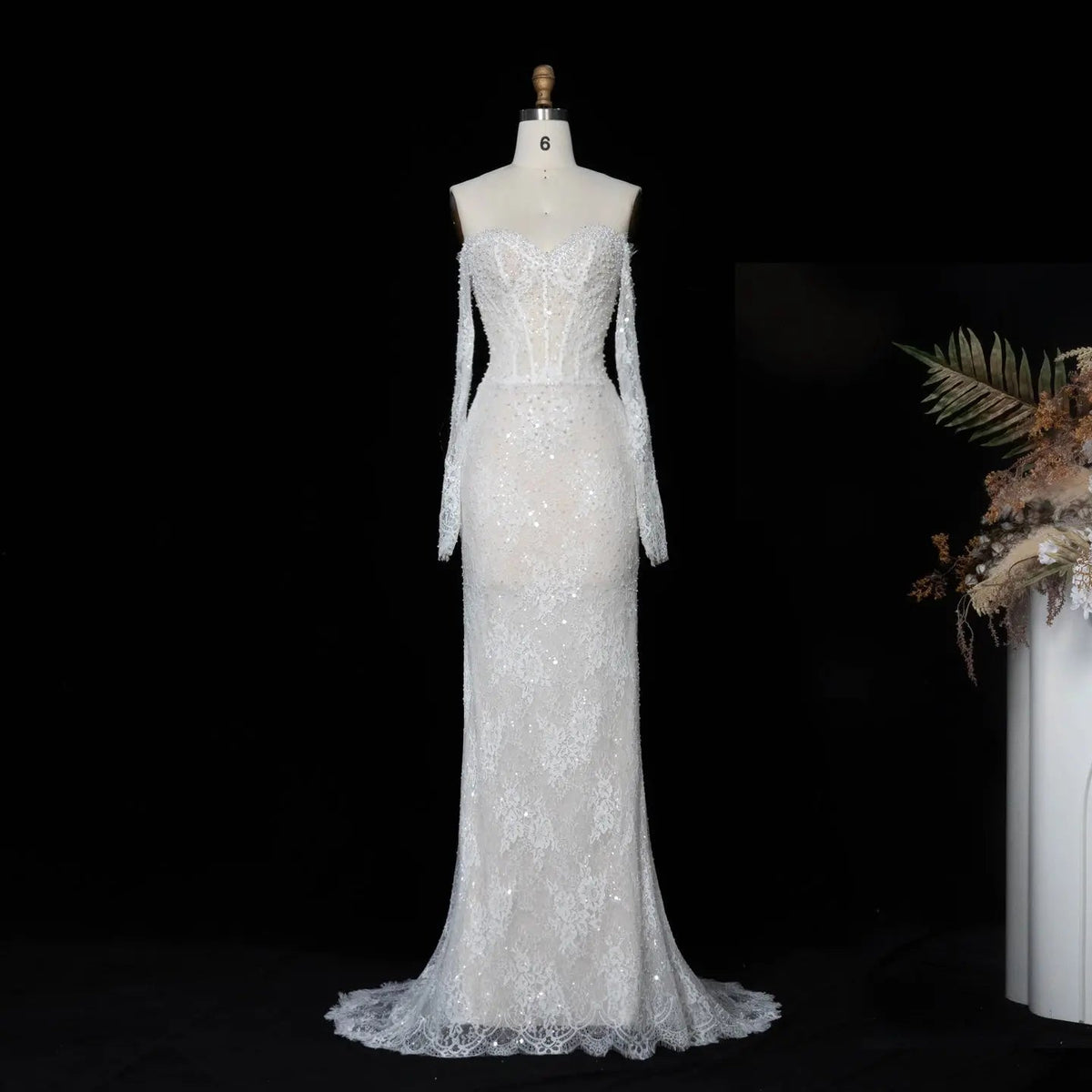 White Boho Romantic Lace Mermaid Wedding Dress Beaded Sequins With Lace Train ZP038