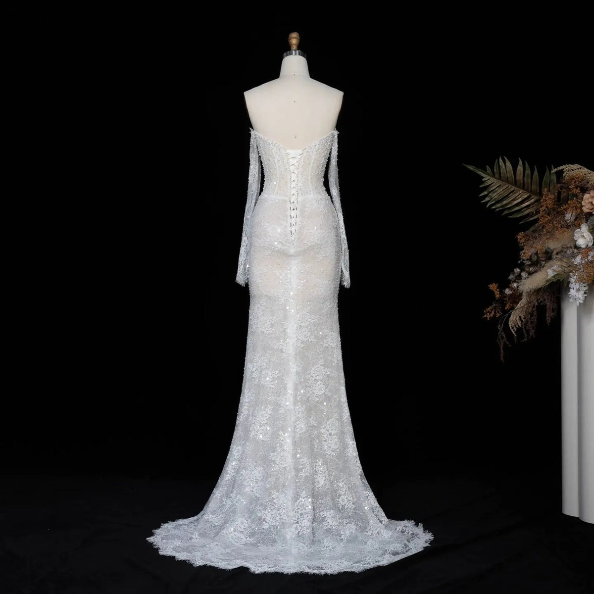 White Boho Romantic Lace Mermaid Wedding Dress Beaded Sequins With Lace Train ZP038