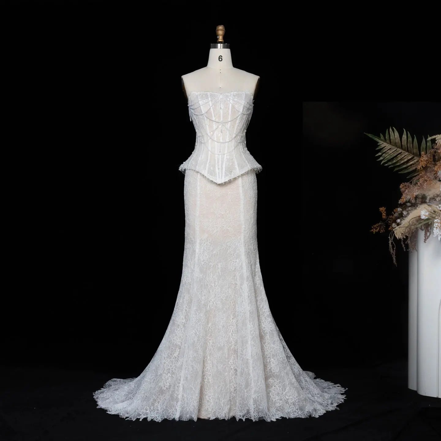 White Nude  Mermaid Wedding Dress Beaded Chain Detailing With Lace Train  ZP039