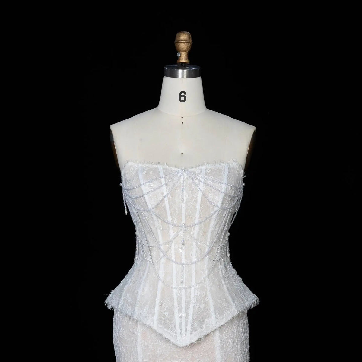 White Nude  Mermaid Wedding Dress Beaded Chain Detailing With Lace Train  ZP039