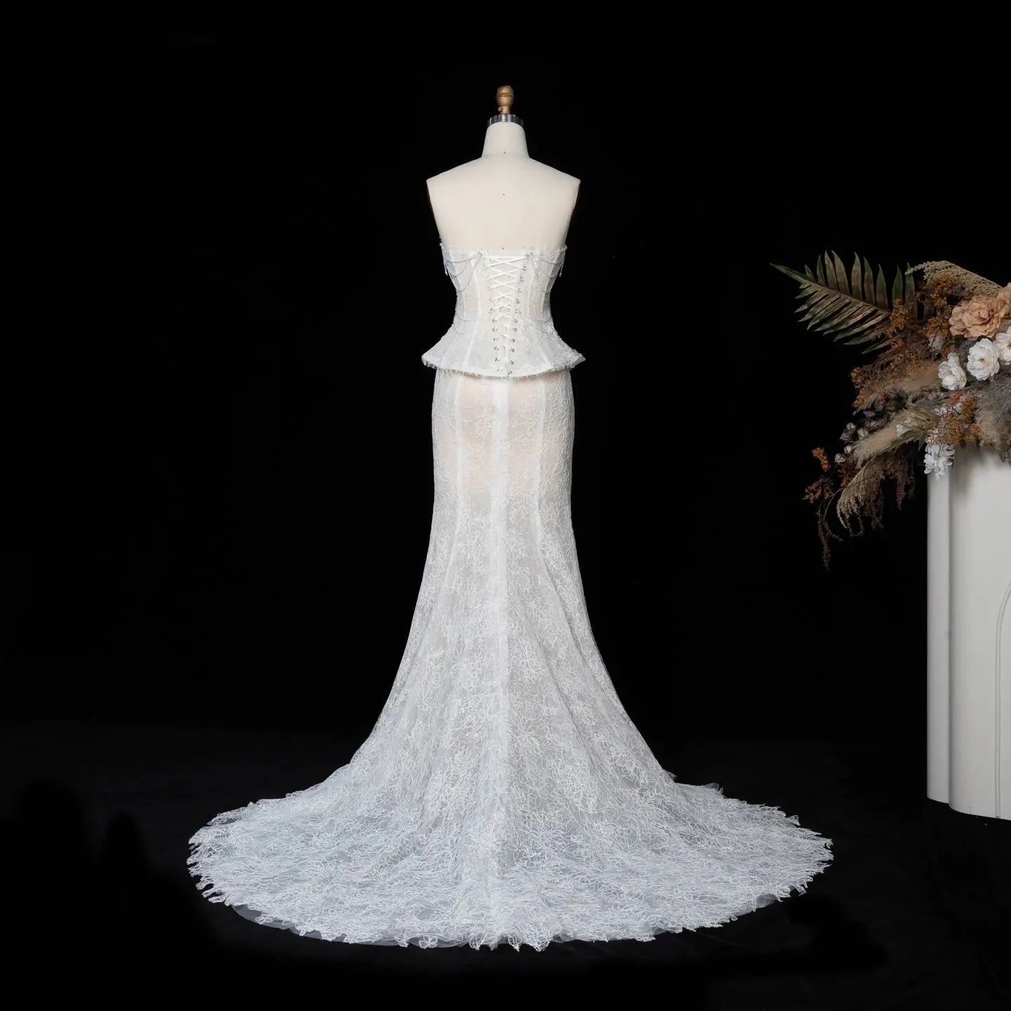 White Nude  Mermaid Wedding Dress Beaded Chain Detailing With Lace Train  ZP039
