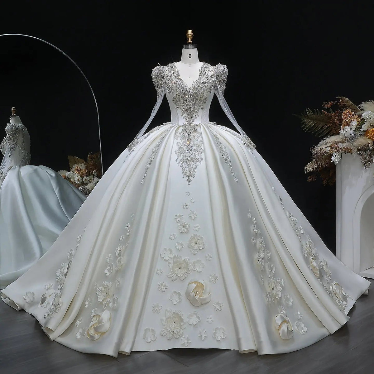 Luxury Satin 3D Floral Long Sleeve Embroidered Wedding Dress ZP161