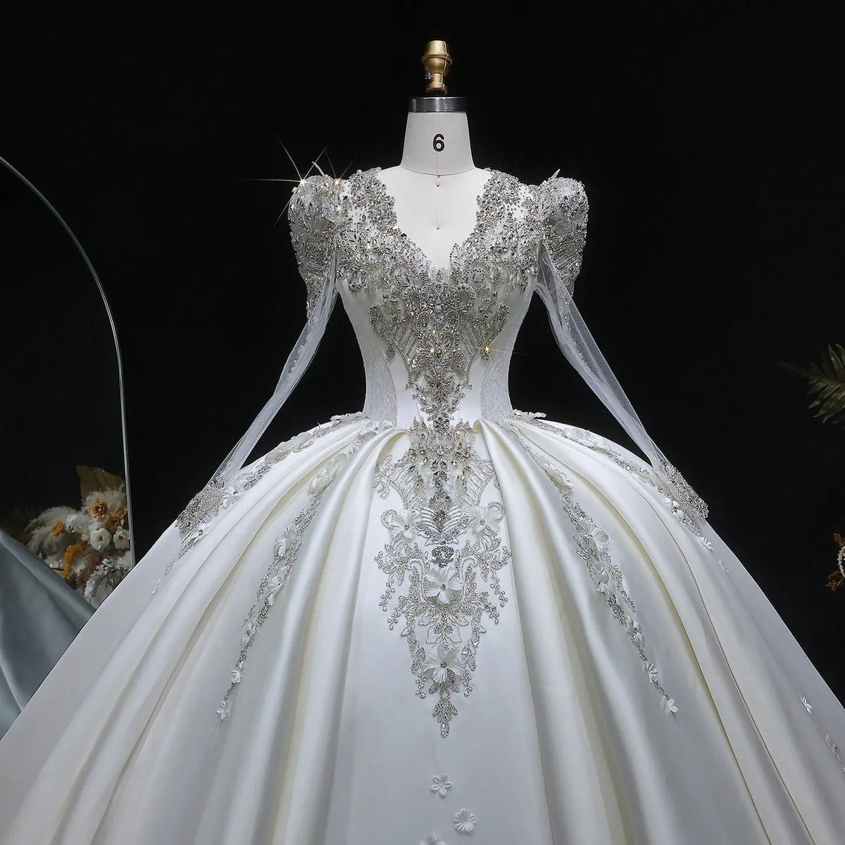Luxury Satin 3D Floral Long Sleeve Embroidered Wedding Dress ZP161
