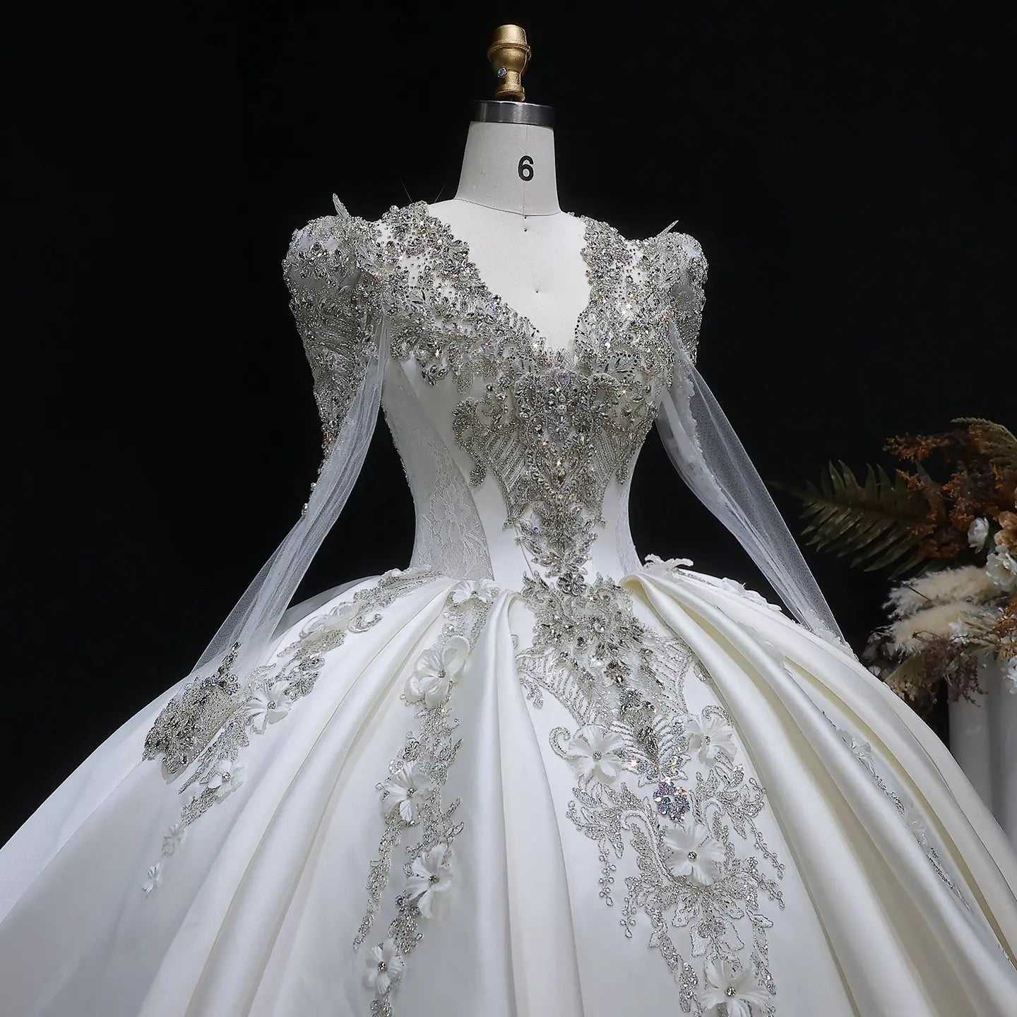 Luxury Satin 3D Floral Long Sleeve Embroidered Wedding Dress ZP161