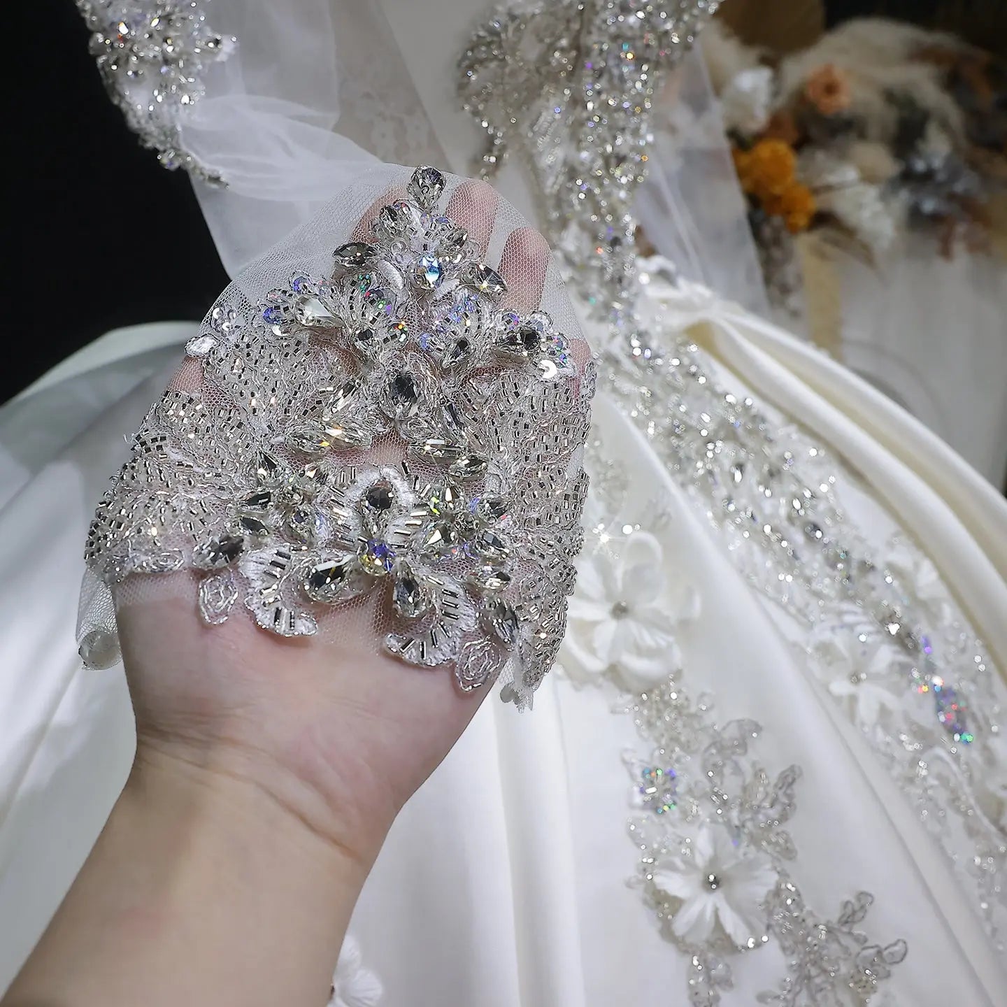 Luxury Satin 3D Floral Long Sleeve Embroidered Wedding Dress ZP161