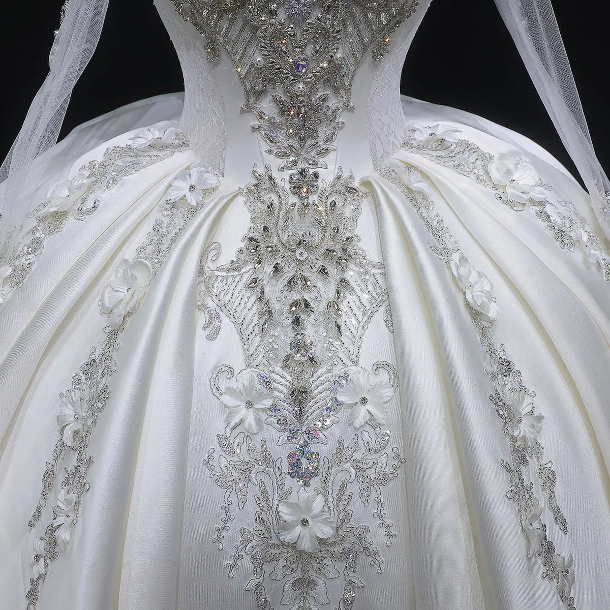 Luxury Satin 3D Floral Long Sleeve Embroidered Wedding Dress ZP161