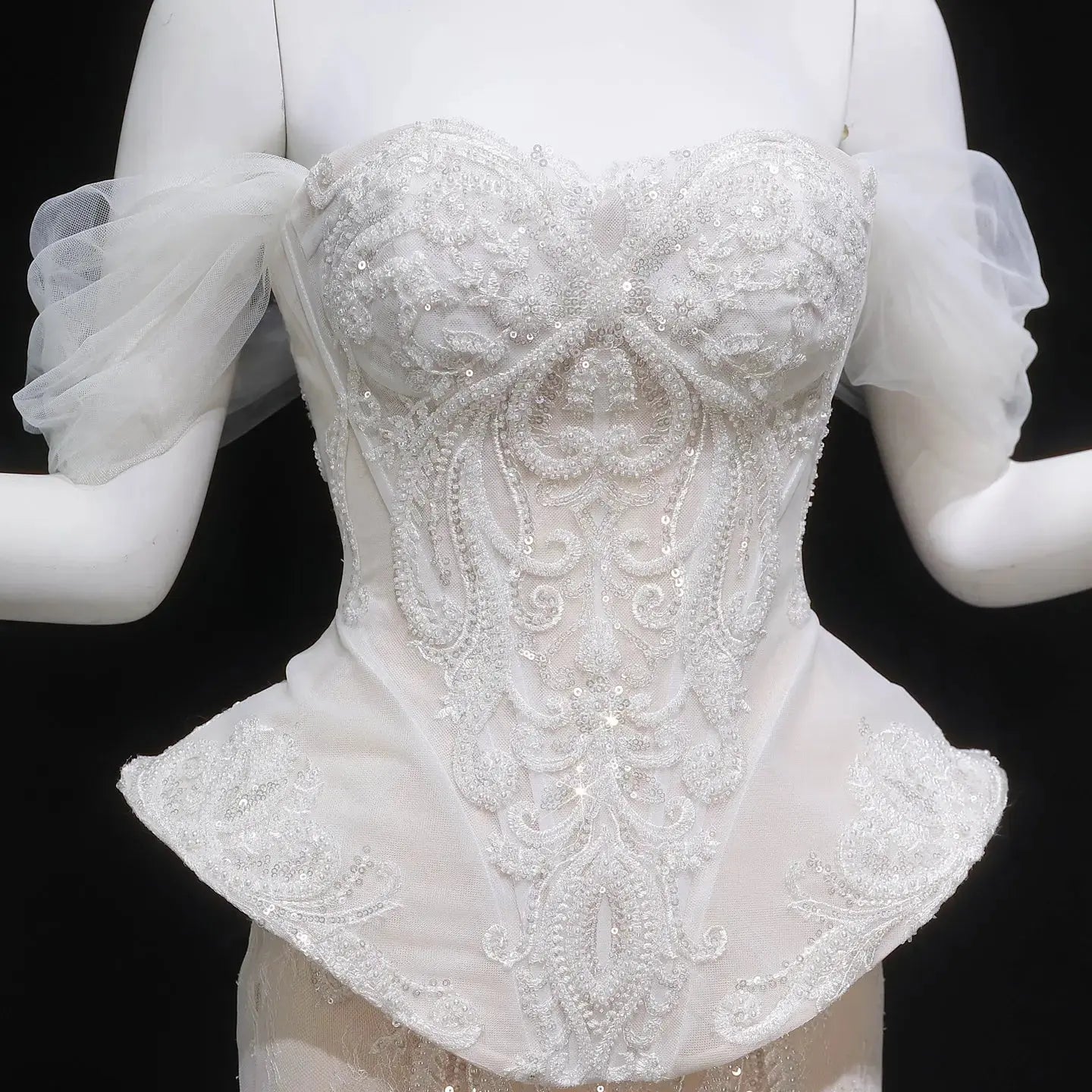 Luxury Ivory Off-the-Shoulder Lace Corset Tulle Train Wedding Dress ZP135