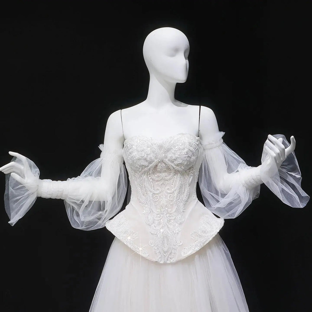Luxury Ivory Off-the-Shoulder Lace Corset Tulle Train Wedding Dress ZP135