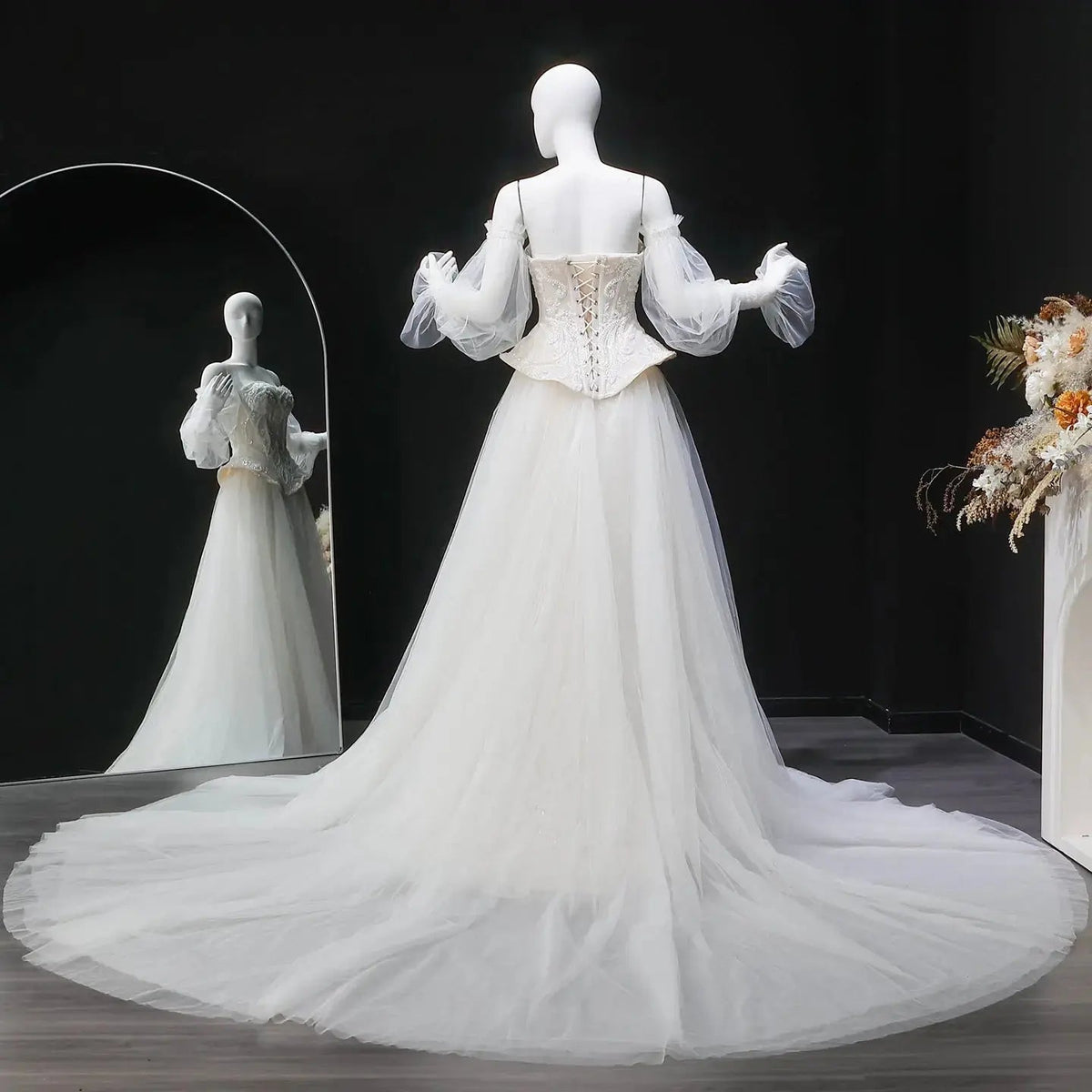 Luxury Ivory Off-the-Shoulder Lace Corset Tulle Train Wedding Dress ZP135