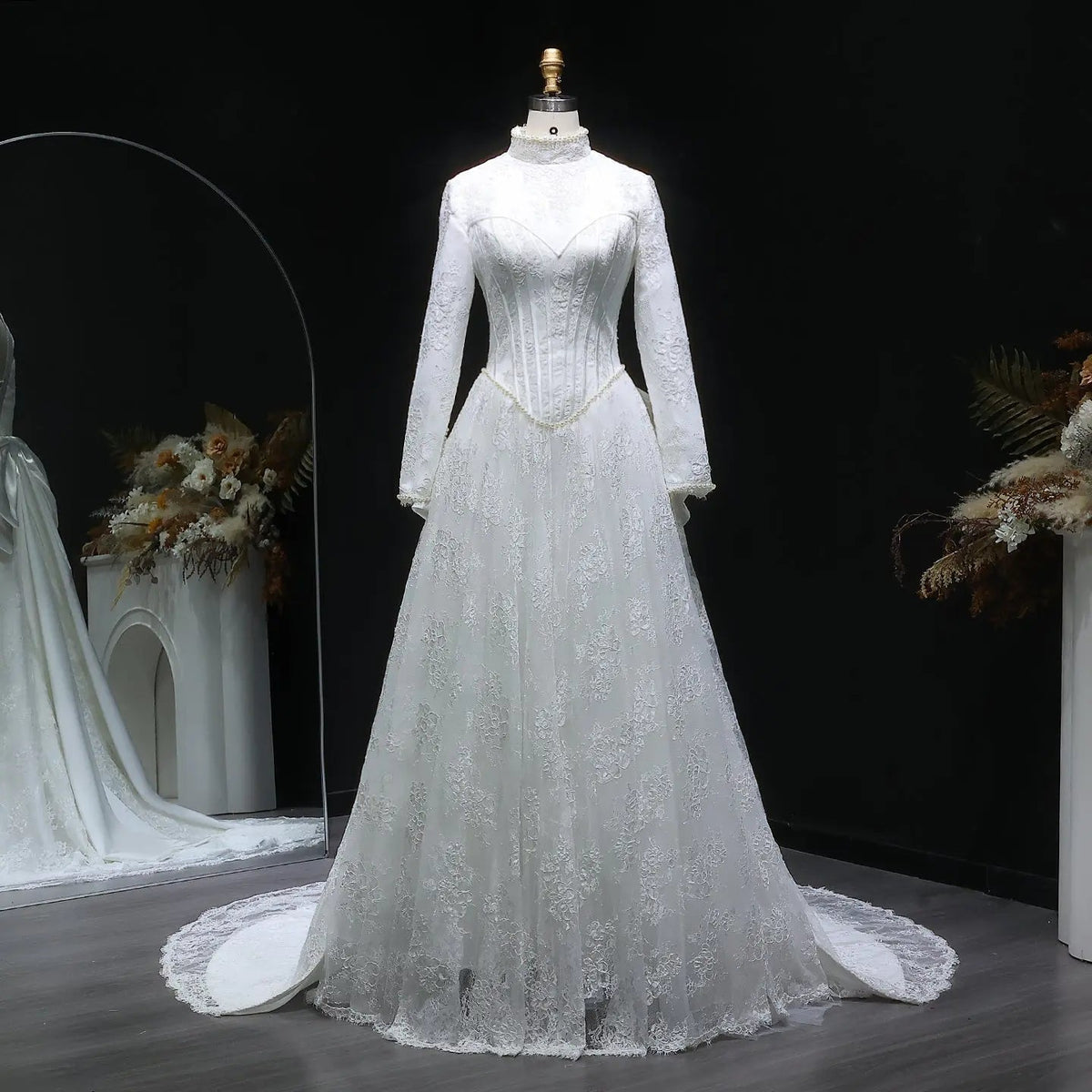 Luxury Pearl Long Sleeve Lace Wedding Dress ZP178 - VelvetHem