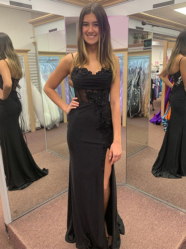 Black Mermaid Spaghetti Straps Applique Long Prom Dress with Slit - FashionDia