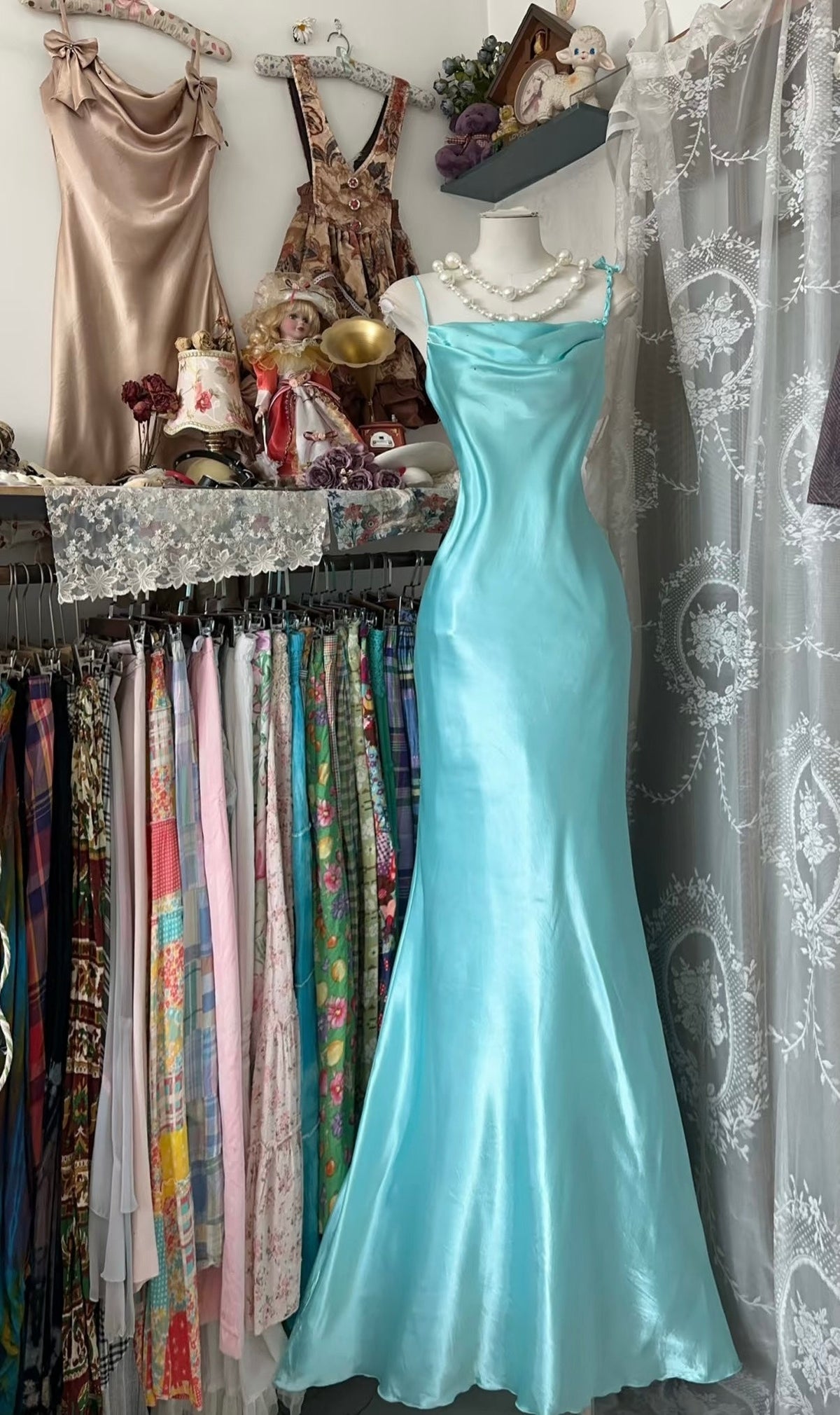 Spaghetti Straps Ruffle Blue Long Prom Dress Satin Evening Dress
