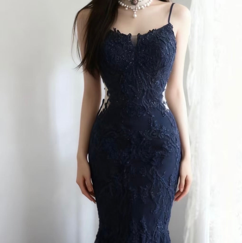 Navy Blue Mermaid Applique Long Prom Dress Formal Evening Party Dress